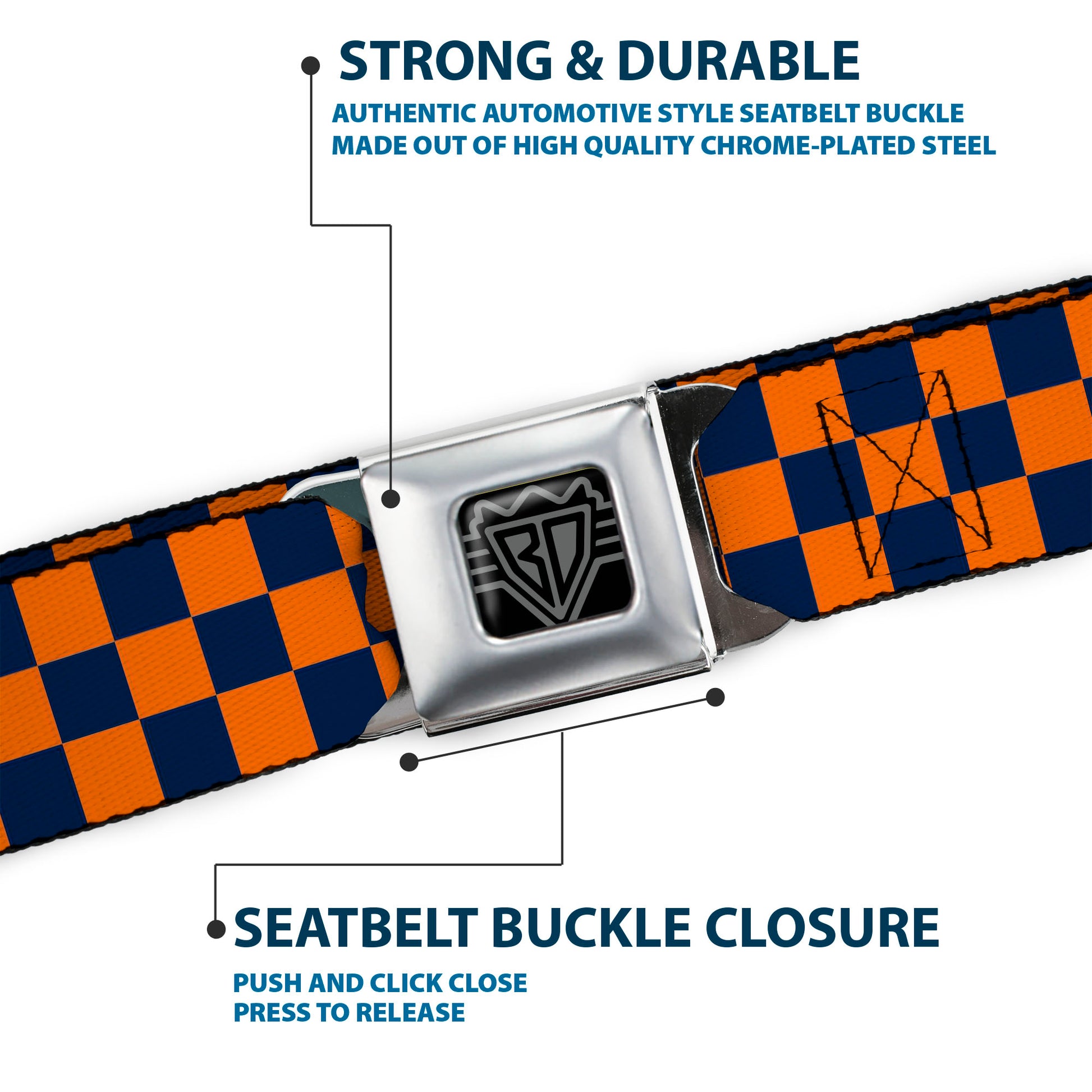 BD Wings Logo CLOSE-UP Full Color Black Silver Seatbelt Belt - Checker Orange/Dark Blue Webbing Seatbelt Belts Buckle-Down