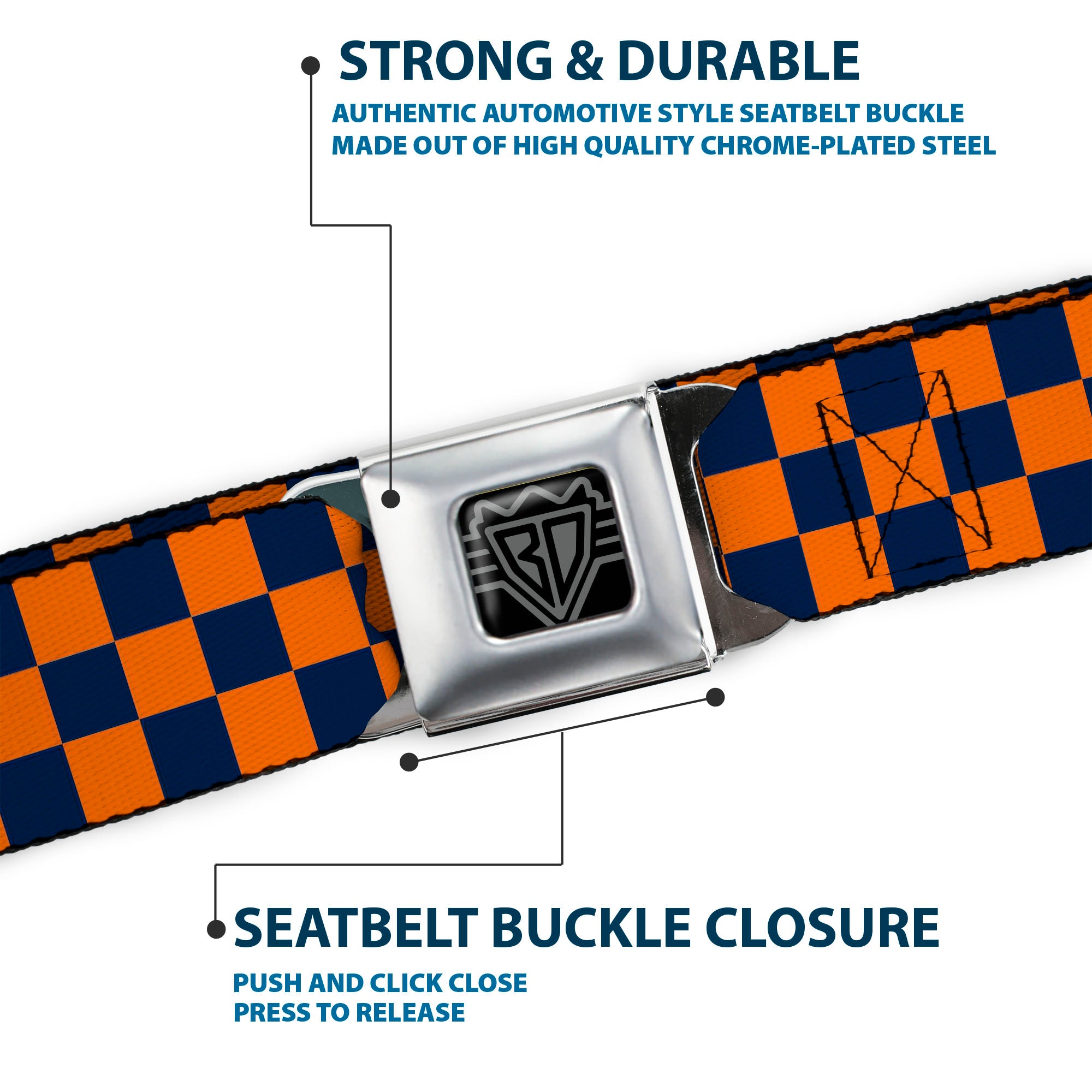 BD Wings Logo CLOSE-UP Full Color Black Silver Seatbelt Belt - Checker Orange/Dark Blue Webbing Seatbelt Belts Buckle-Down