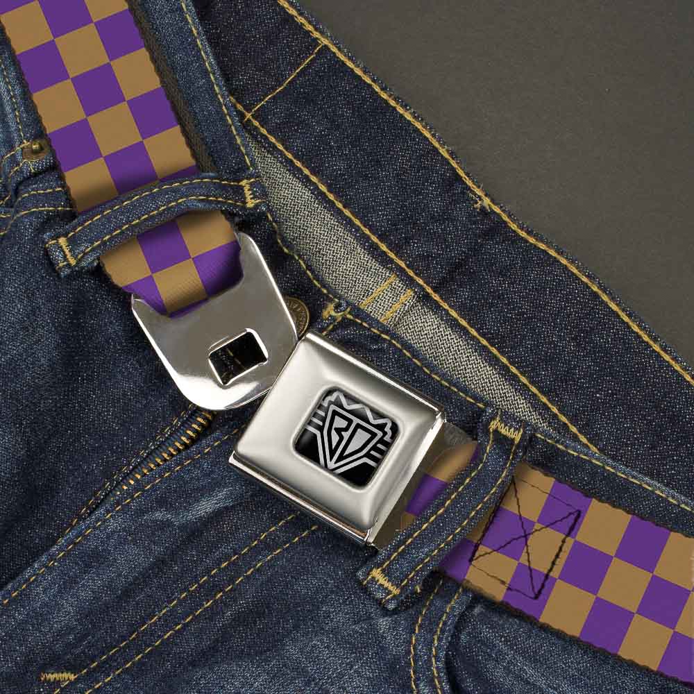 BD Wings Logo CLOSE-UP Full Color Black Silver Seatbelt Belt - Checker Purple/Gold Webbing Seatbelt Belts Buckle-Down