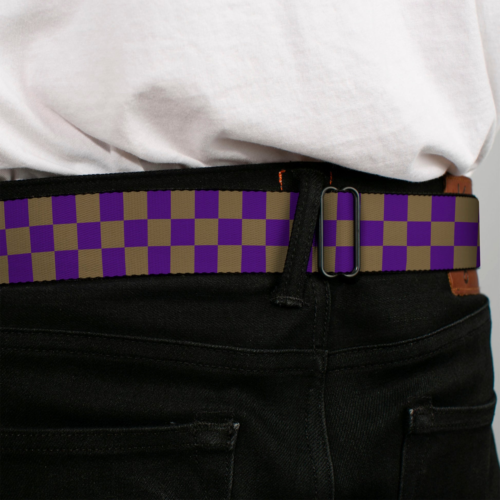 BD Wings Logo CLOSE-UP Full Color Black Silver Seatbelt Belt - Checker Purple/Gold Webbing Seatbelt Belts Buckle-Down