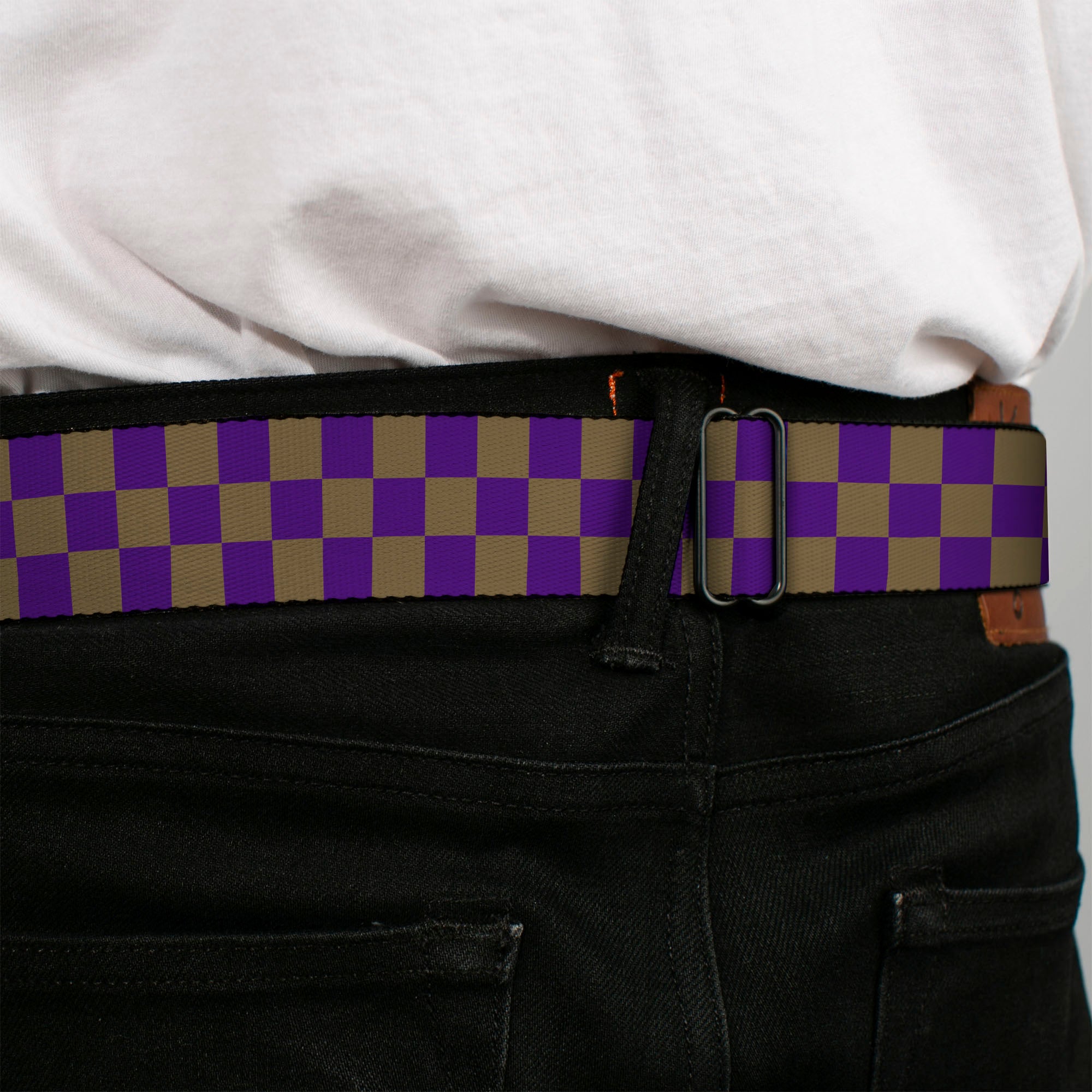 BD Wings Logo CLOSE-UP Full Color Black Silver Seatbelt Belt - Checker Purple/Gold Webbing Seatbelt Belts Buckle-Down