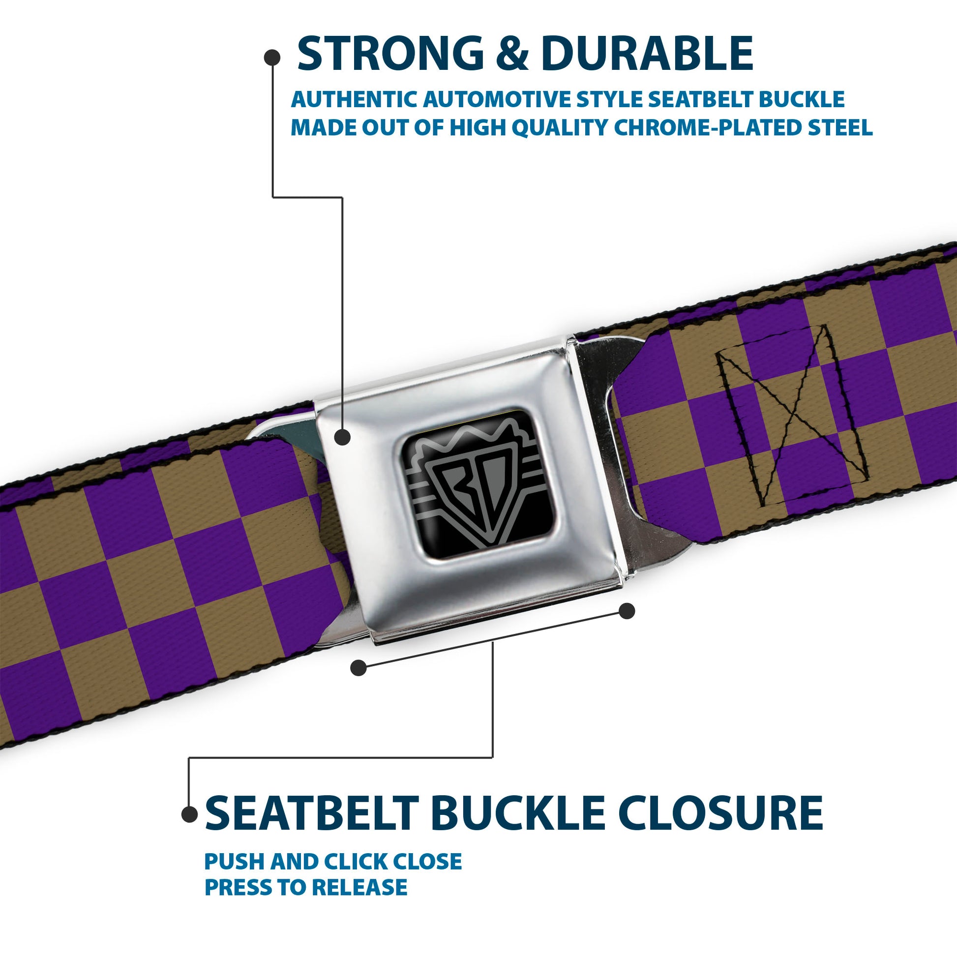 BD Wings Logo CLOSE-UP Full Color Black Silver Seatbelt Belt - Checker Purple/Gold Webbing Seatbelt Belts Buckle-Down