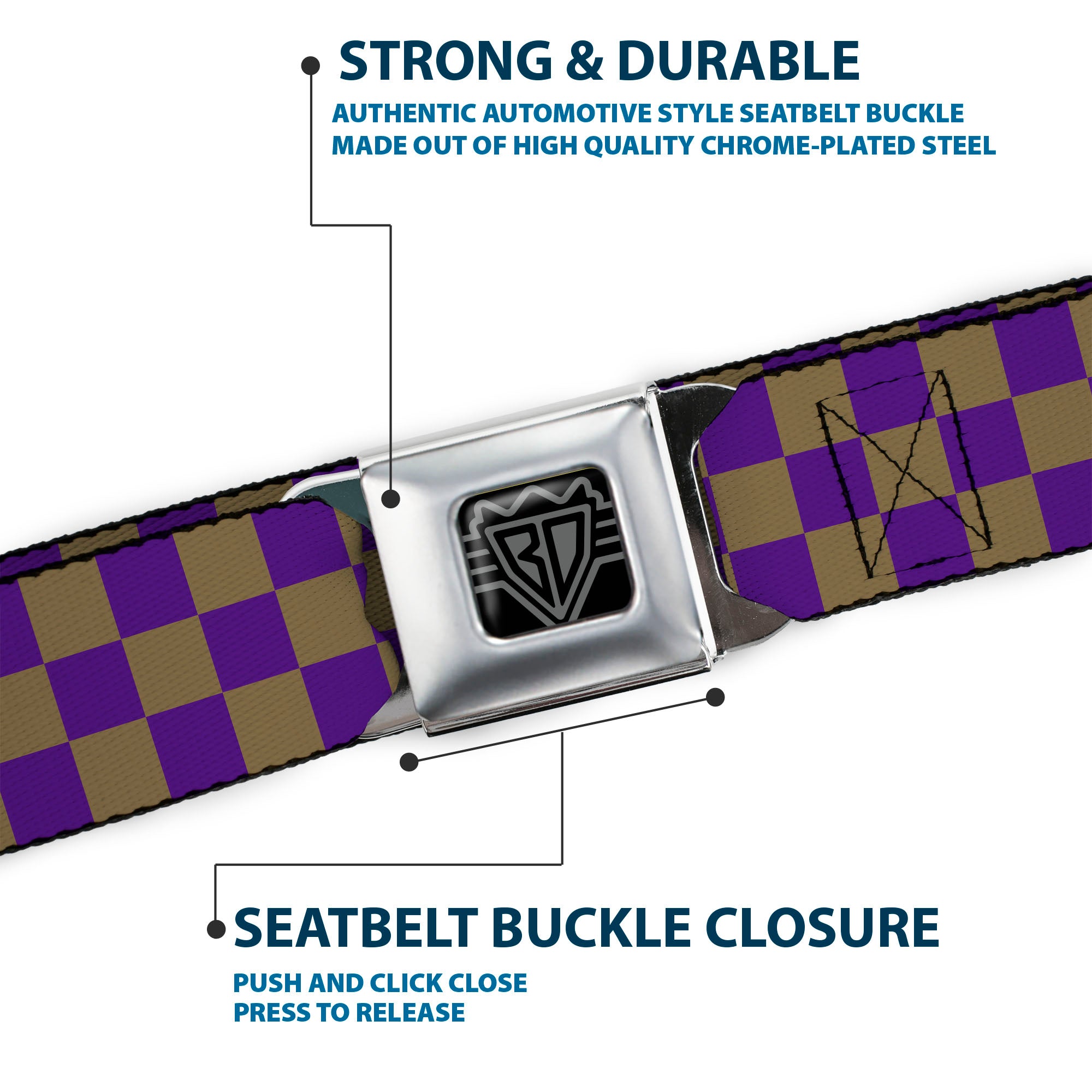 BD Wings Logo CLOSE-UP Full Color Black Silver Seatbelt Belt - Checker Purple/Gold Webbing Seatbelt Belts Buckle-Down