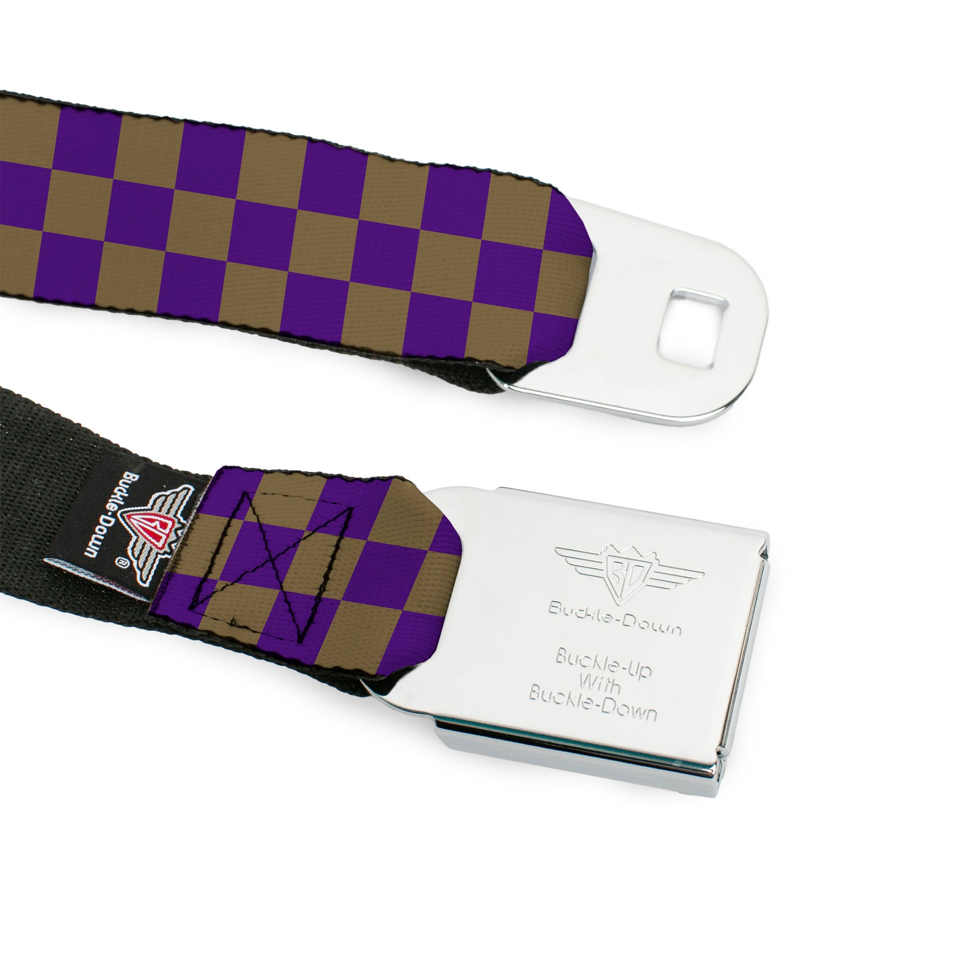 BD Wings Logo CLOSE-UP Full Color Black Silver Seatbelt Belt - Checker Purple/Gold Webbing Seatbelt Belts Buckle-Down