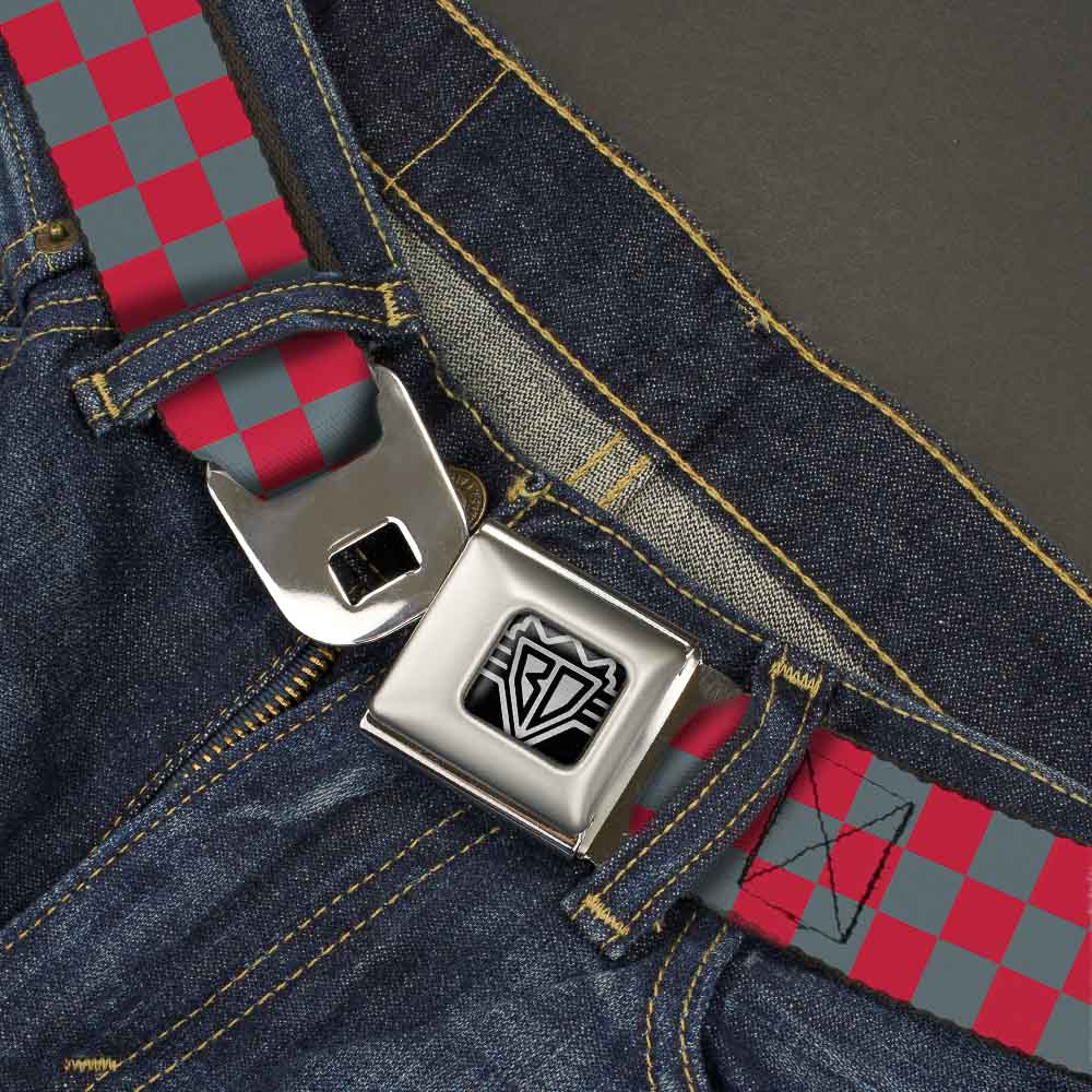 BD Wings Logo CLOSE-UP Full Color Black Silver Seatbelt Belt - Checker Crimson Red/Gray Webbing Seatbelt Belts Buckle-Down