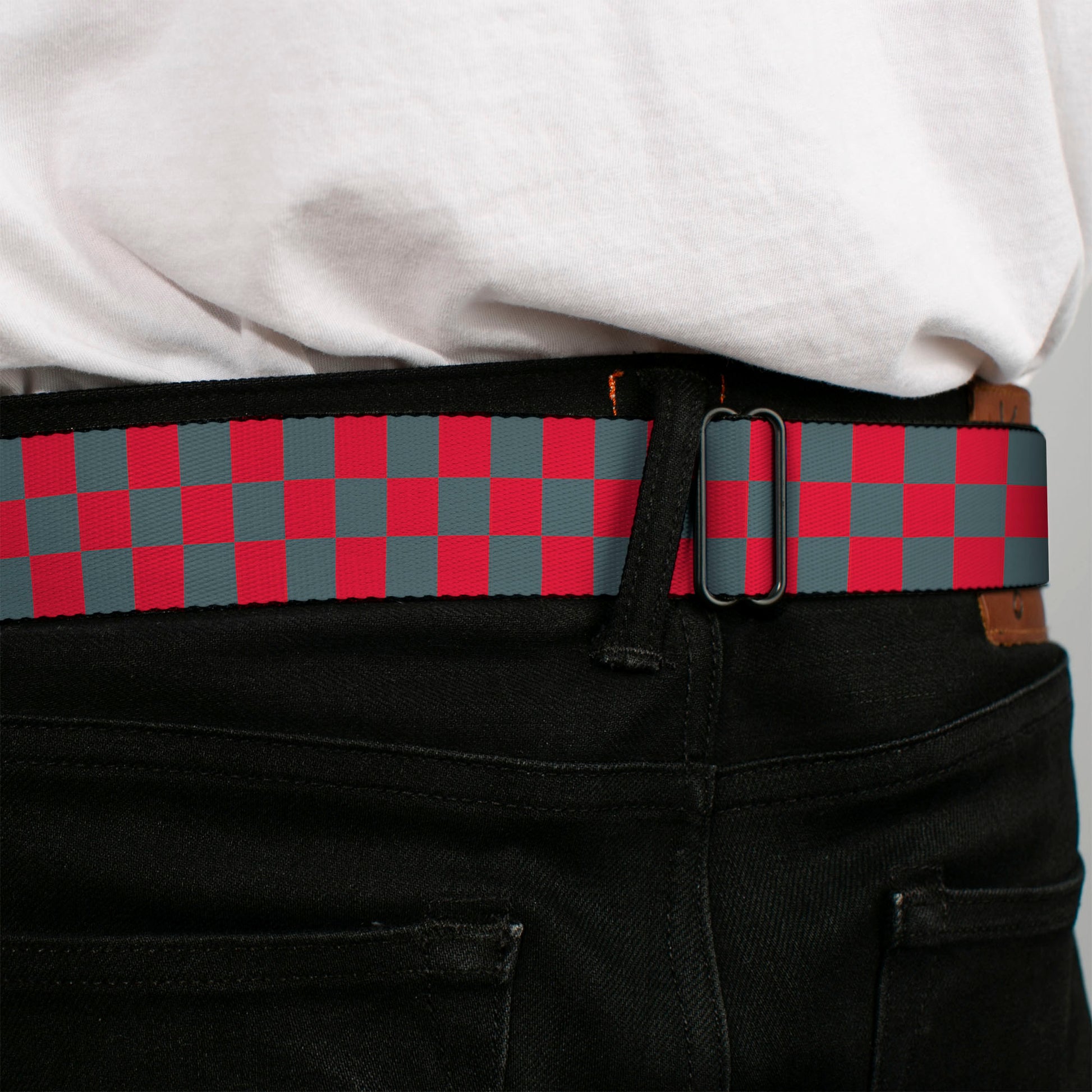 BD Wings Logo CLOSE-UP Full Color Black Silver Seatbelt Belt - Checker Crimson Red/Gray Webbing Seatbelt Belts Buckle-Down