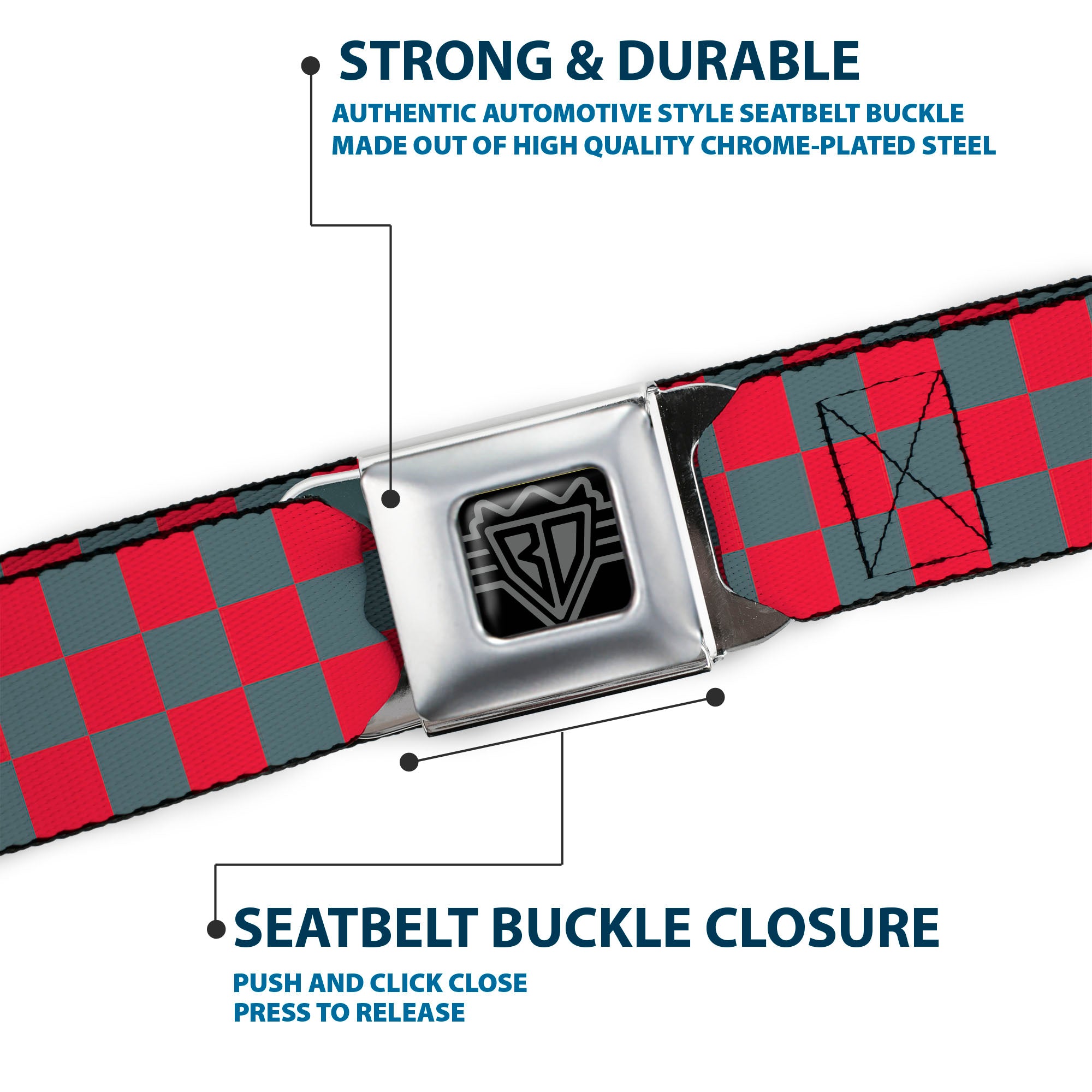 BD Wings Logo CLOSE-UP Full Color Black Silver Seatbelt Belt - Checker Crimson Red/Gray Webbing Seatbelt Belts Buckle-Down