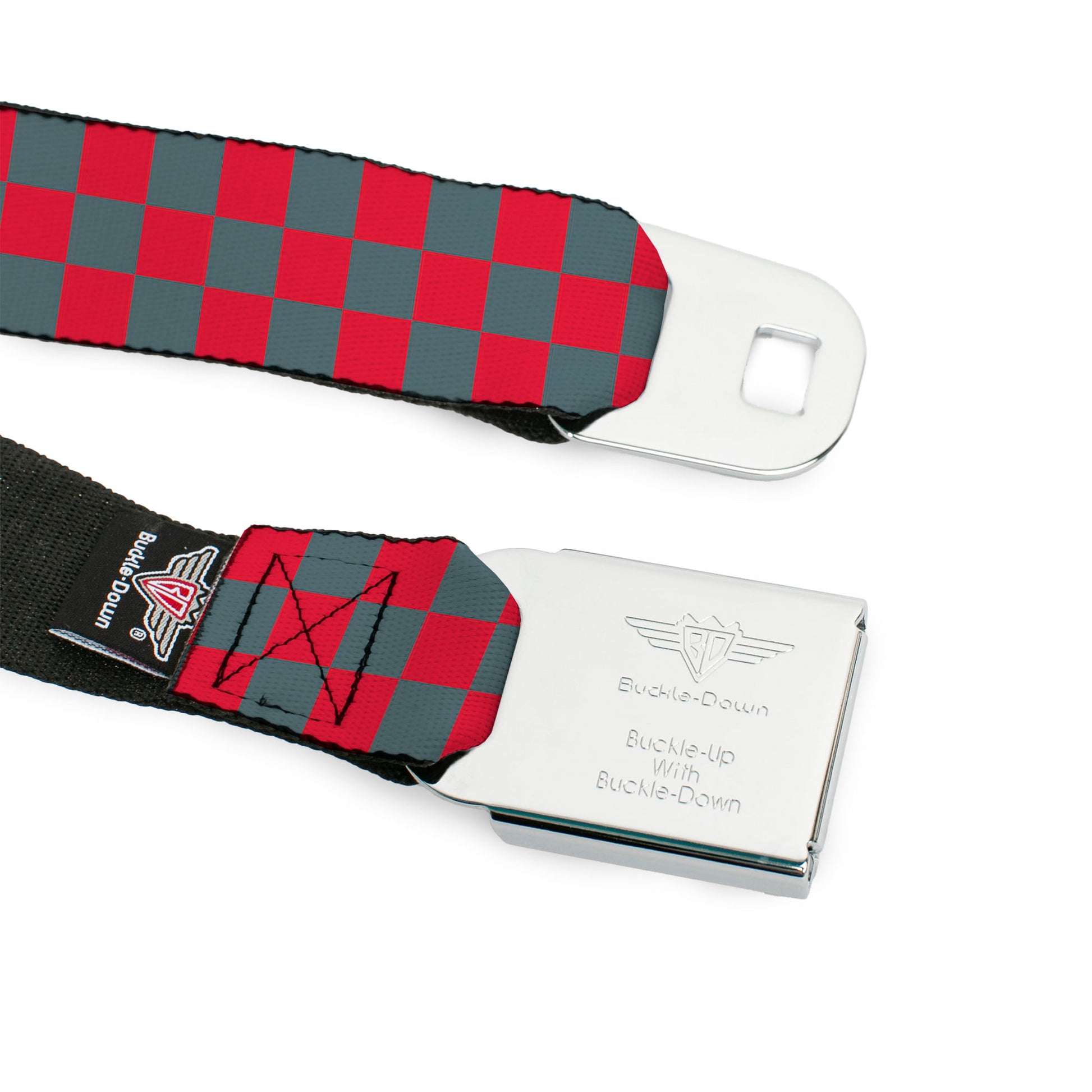 BD Wings Logo CLOSE-UP Full Color Black Silver Seatbelt Belt - Checker Crimson Red/Gray Webbing Seatbelt Belts Buckle-Down