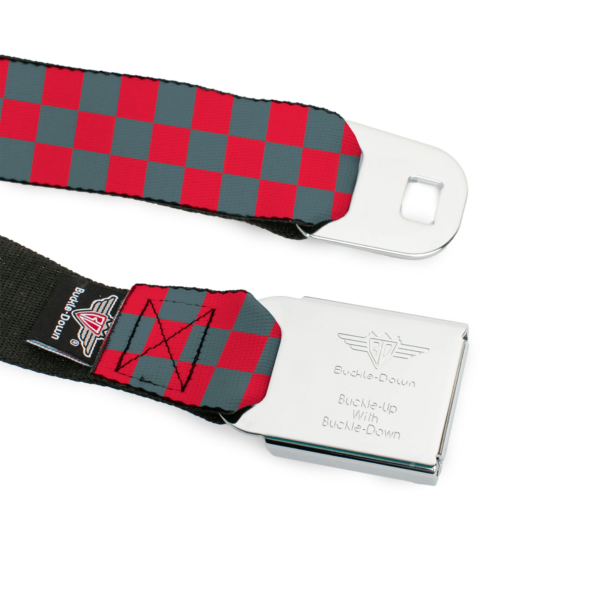 BD Wings Logo CLOSE-UP Full Color Black Silver Seatbelt Belt - Checker Crimson Red/Gray Webbing Seatbelt Belts Buckle-Down