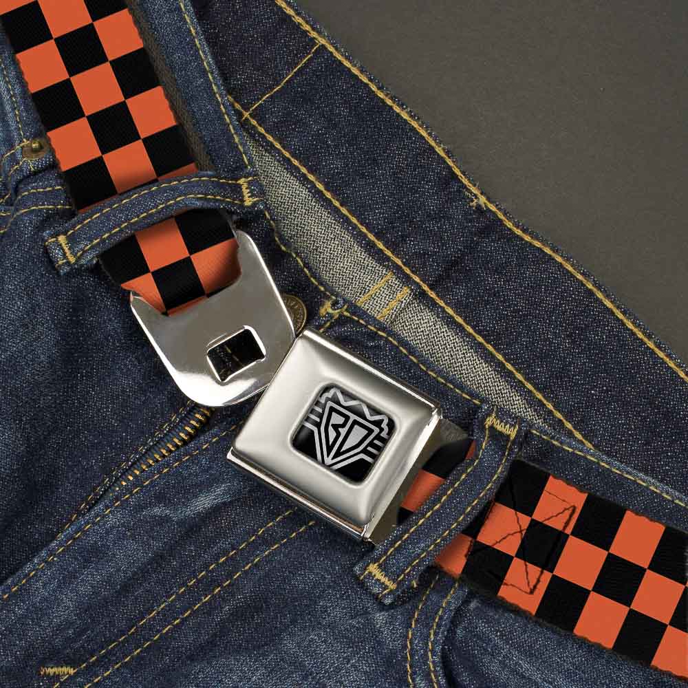 BD Wings Logo CLOSE-UP Full Color Black Silver Seatbelt Belt - Checker Black/Orange Webbing Seatbelt Belts Buckle-Down