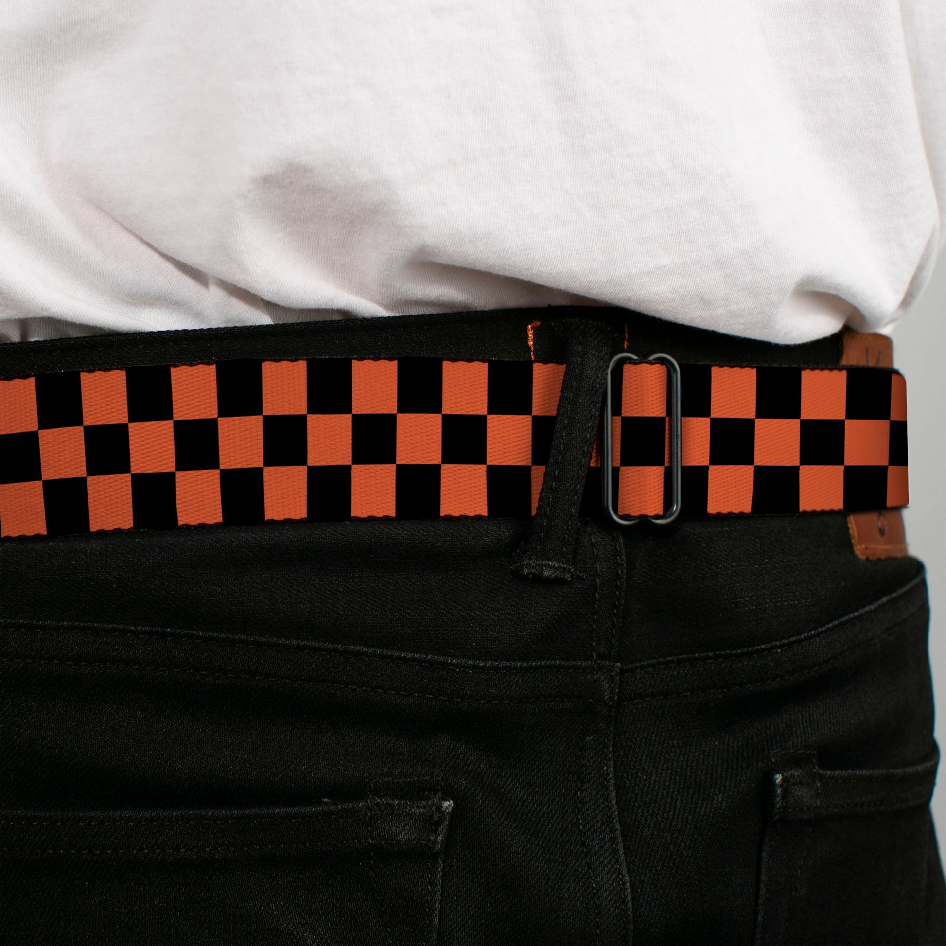 BD Wings Logo CLOSE-UP Full Color Black Silver Seatbelt Belt - Checker Black/Orange Webbing Seatbelt Belts Buckle-Down
