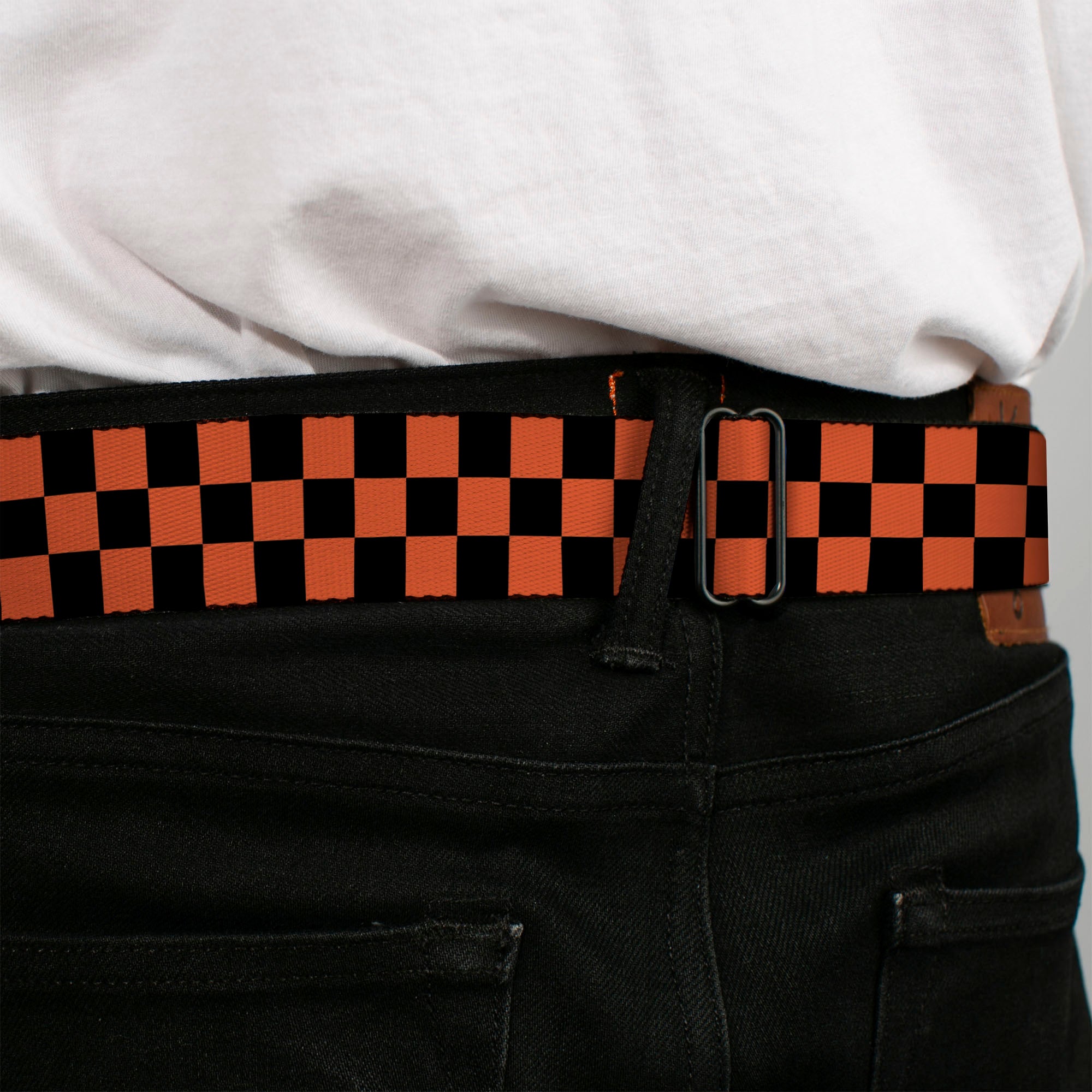 BD Wings Logo CLOSE-UP Full Color Black Silver Seatbelt Belt - Checker Black/Orange Webbing Seatbelt Belts Buckle-Down