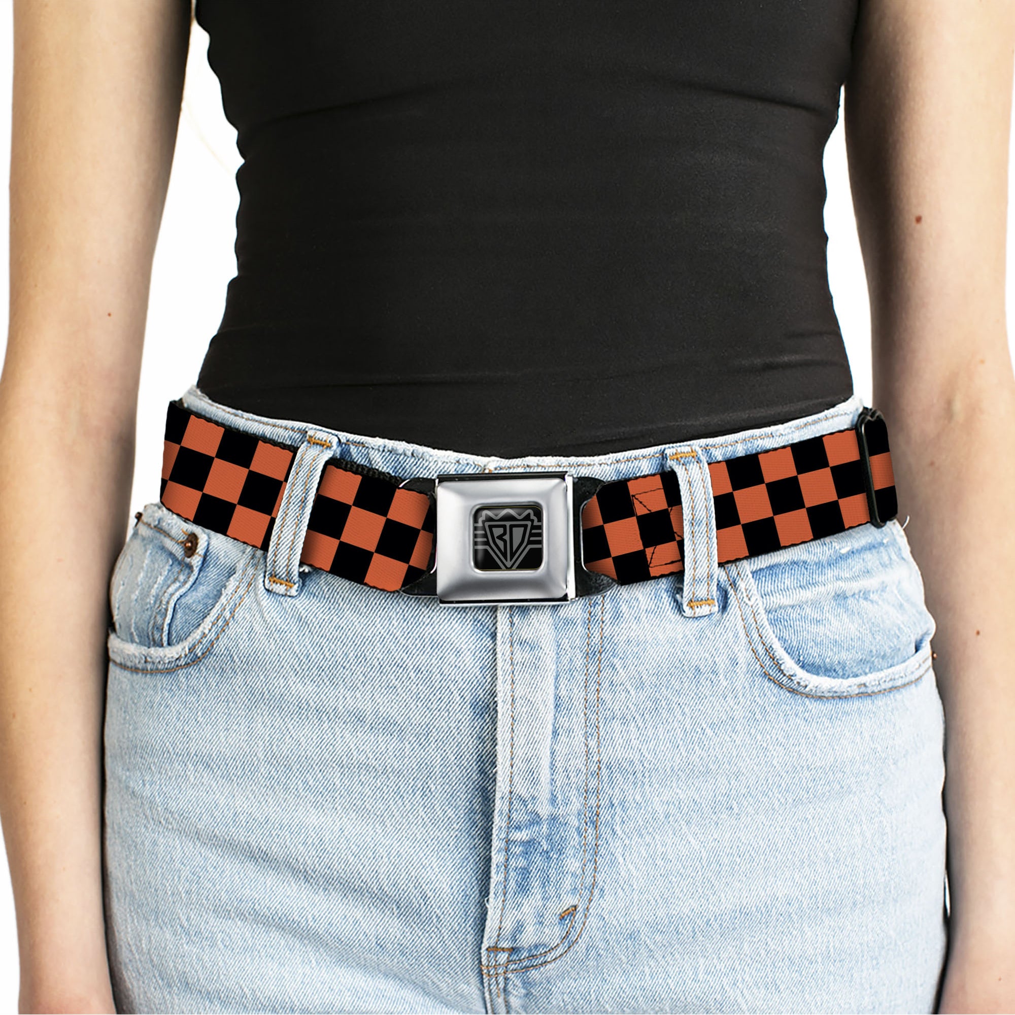 BD Wings Logo CLOSE-UP Full Color Black Silver Seatbelt Belt - Checker Black/Orange Webbing Seatbelt Belts Buckle-Down