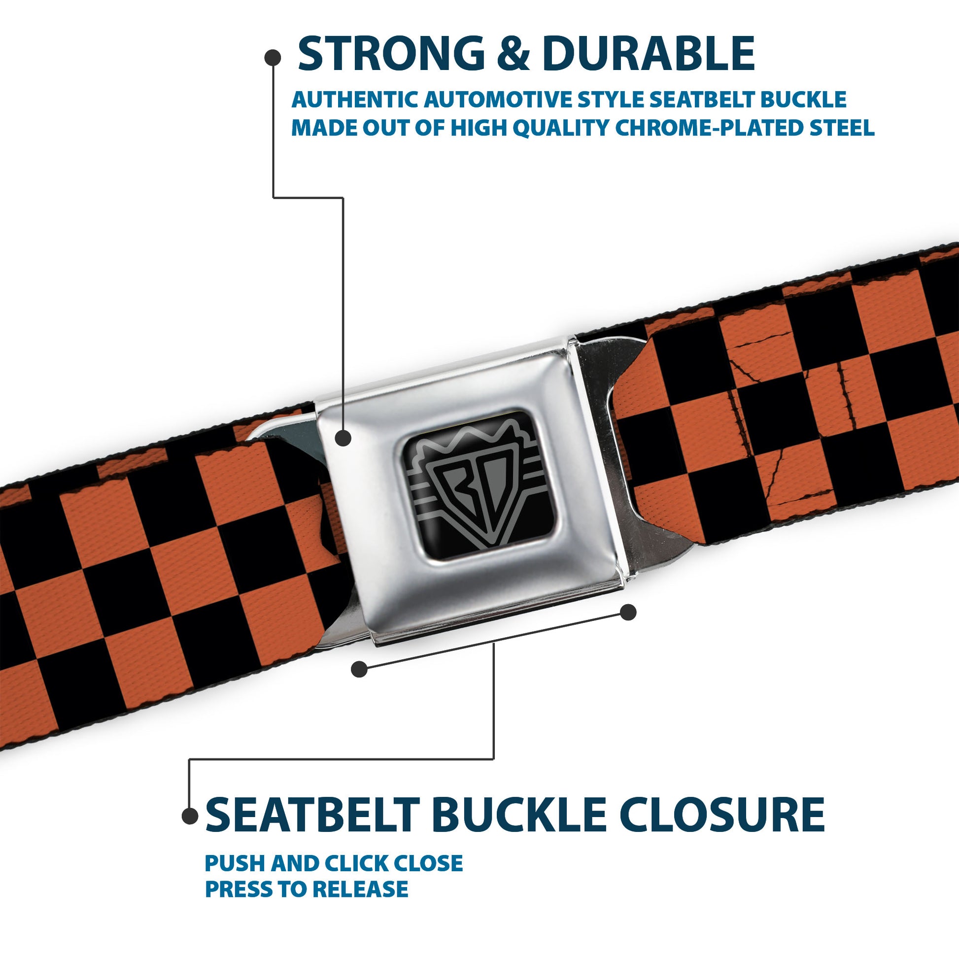 BD Wings Logo CLOSE-UP Full Color Black Silver Seatbelt Belt - Checker Black/Orange Webbing Seatbelt Belts Buckle-Down
