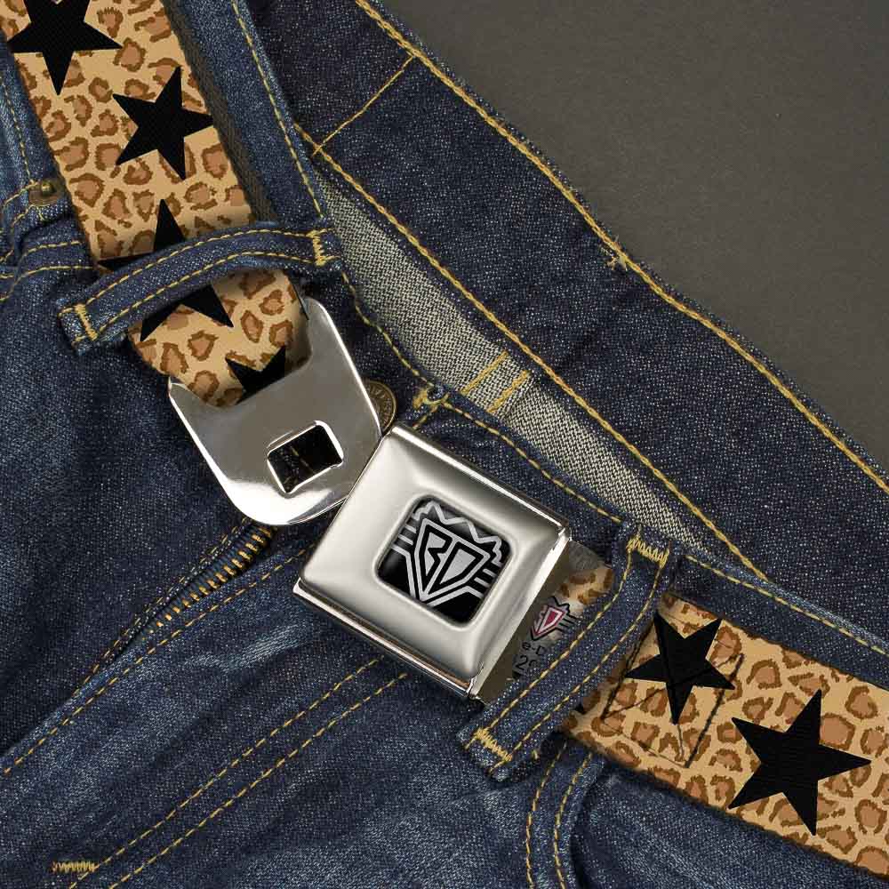 BD Wings Logo CLOSE-UP Full Color Black Silver Seatbelt Belt - Cheetah/Stars Tan/Black Webbing Seatbelt Belts Buckle-Down