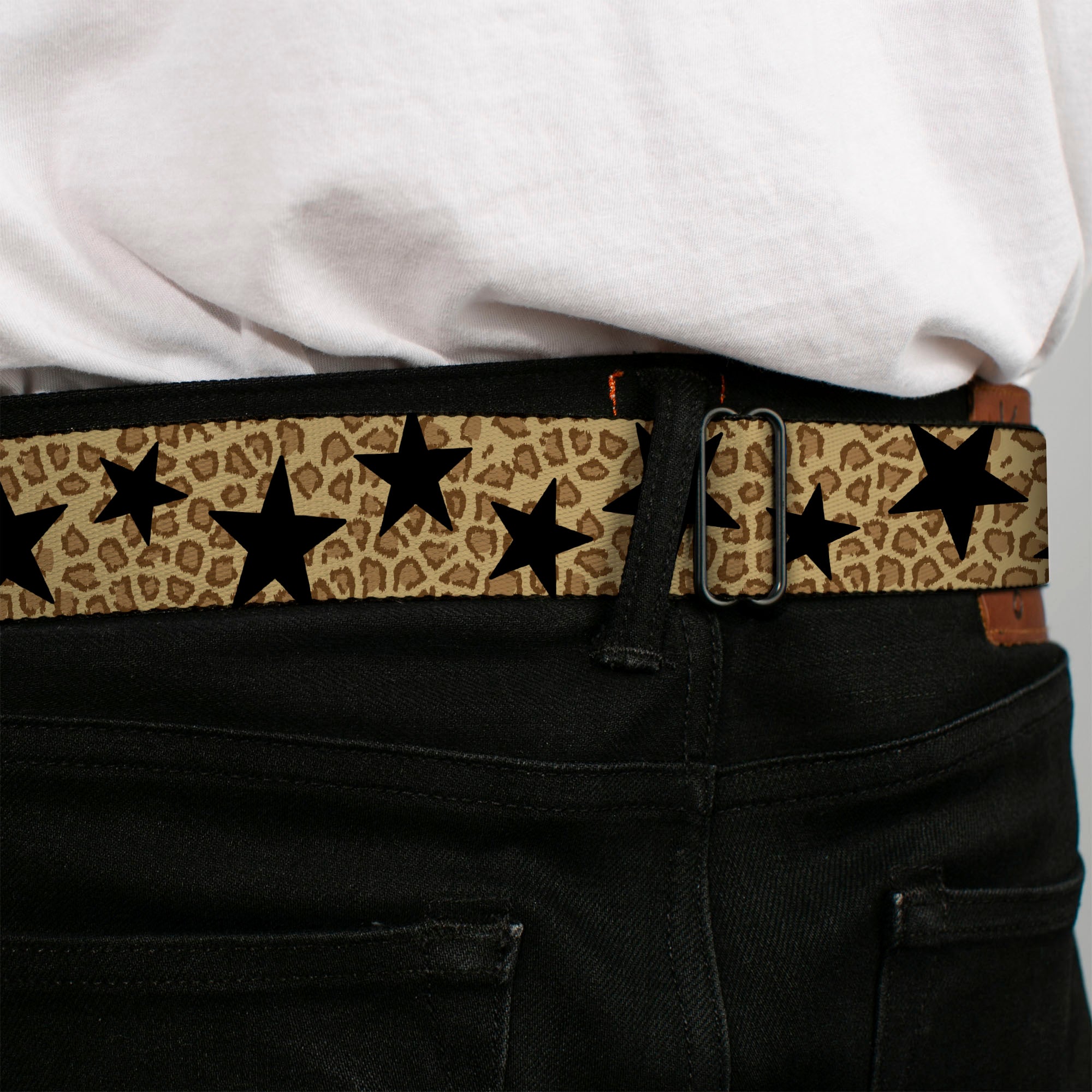 BD Wings Logo CLOSE-UP Full Color Black Silver Seatbelt Belt - Cheetah/Stars Tan/Black Webbing Seatbelt Belts Buckle-Down