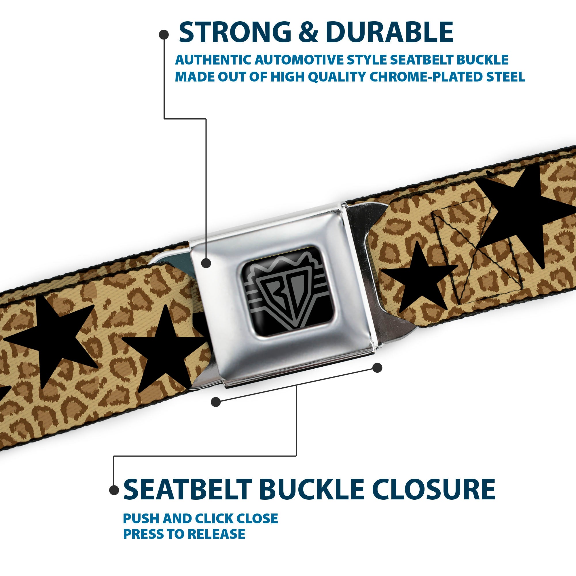 BD Wings Logo CLOSE-UP Full Color Black Silver Seatbelt Belt - Cheetah/Stars Tan/Black Webbing Seatbelt Belts Buckle-Down
