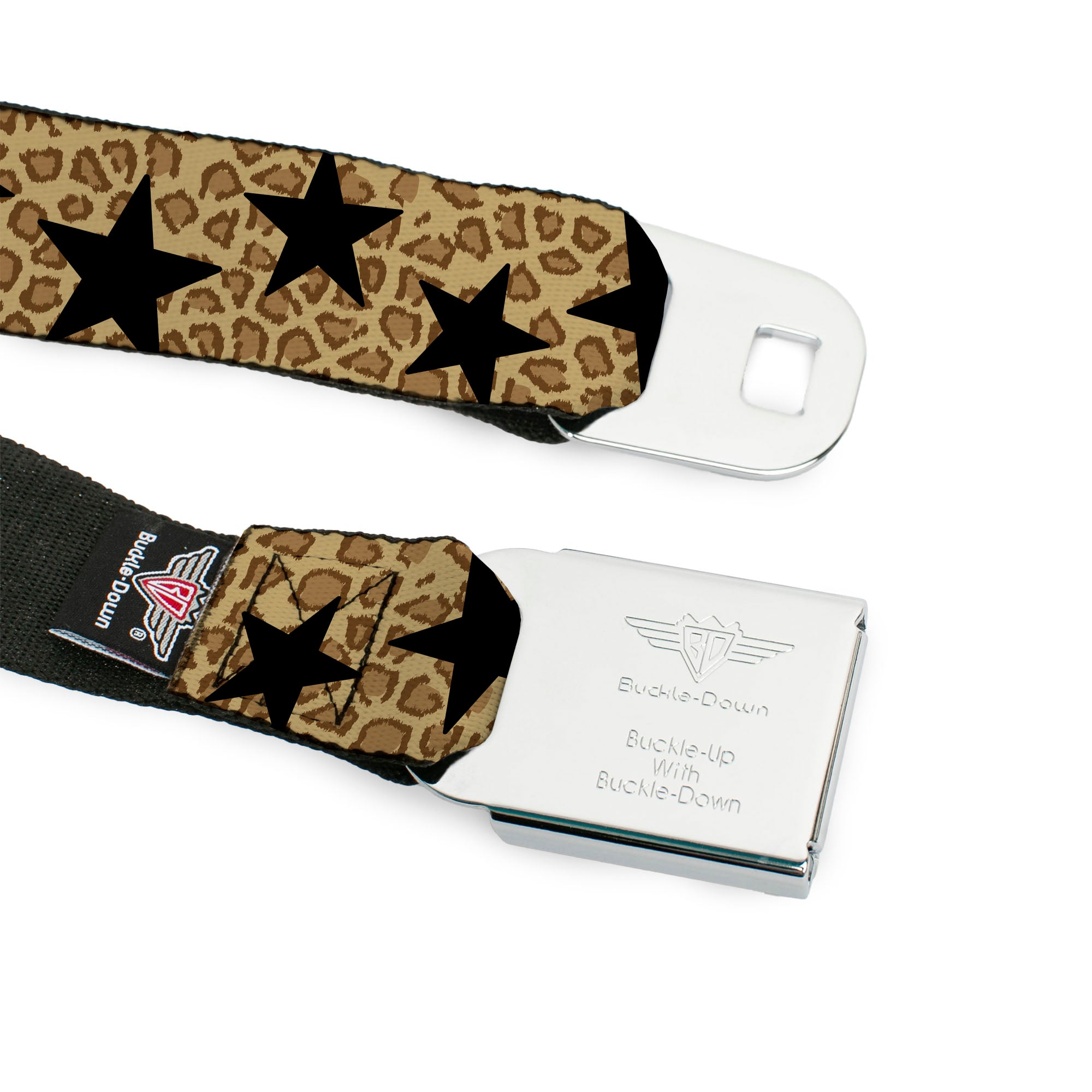 BD Wings Logo CLOSE-UP Full Color Black Silver Seatbelt Belt - Cheetah/Stars Tan/Black Webbing Seatbelt Belts Buckle-Down