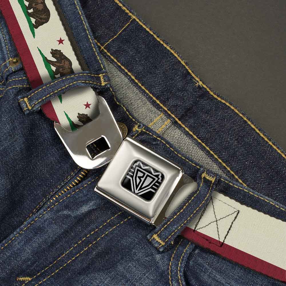 BD Wings Logo CLOSE-UP Full Color Black Silver Seatbelt Belt - California Flag Bear Weathered White Webbing Seatbelt Belts Buckle-Down