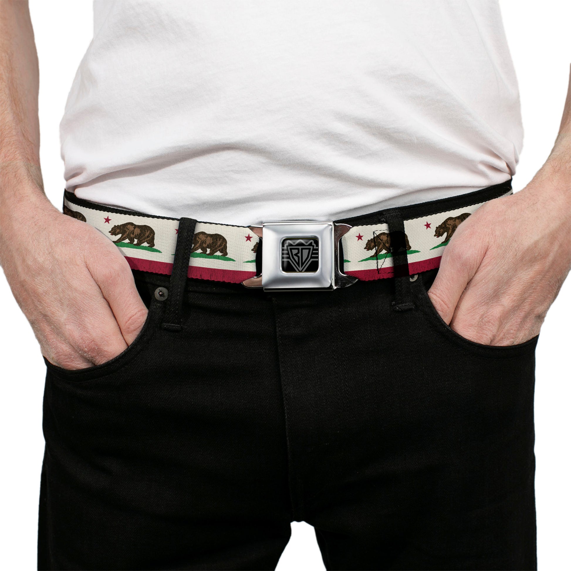 BD Wings Logo CLOSE-UP Full Color Black Silver Seatbelt Belt - California Flag Bear Weathered White Webbing Seatbelt Belts Buckle-Down