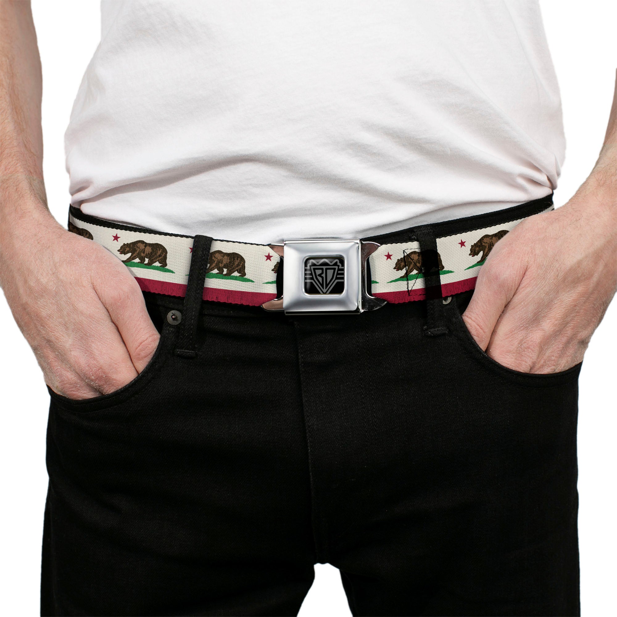 BD Wings Logo CLOSE-UP Full Color Black Silver Seatbelt Belt - California Flag Bear Weathered White Webbing Seatbelt Belts Buckle-Down