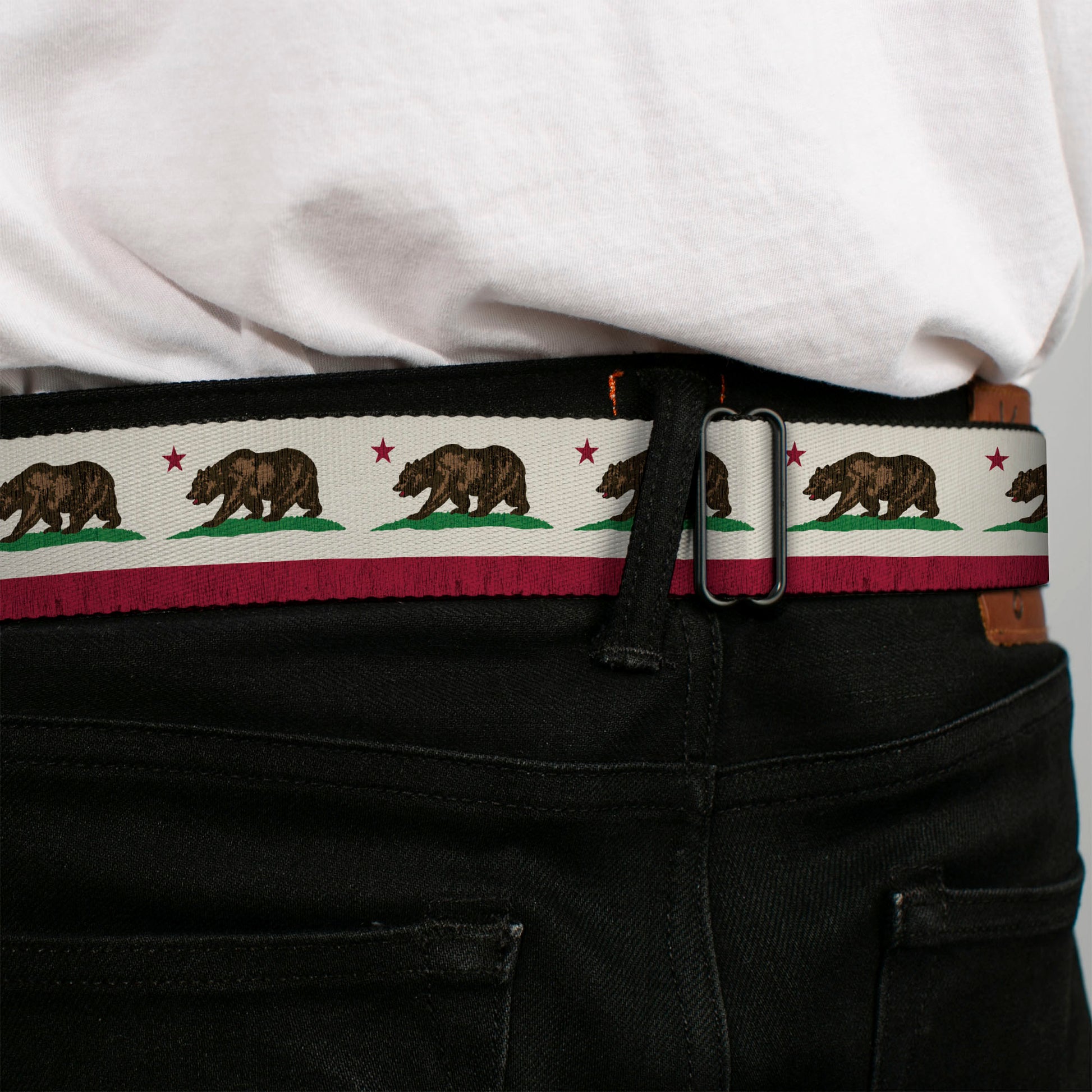 BD Wings Logo CLOSE-UP Full Color Black Silver Seatbelt Belt - California Flag Bear Weathered White Webbing Seatbelt Belts Buckle-Down