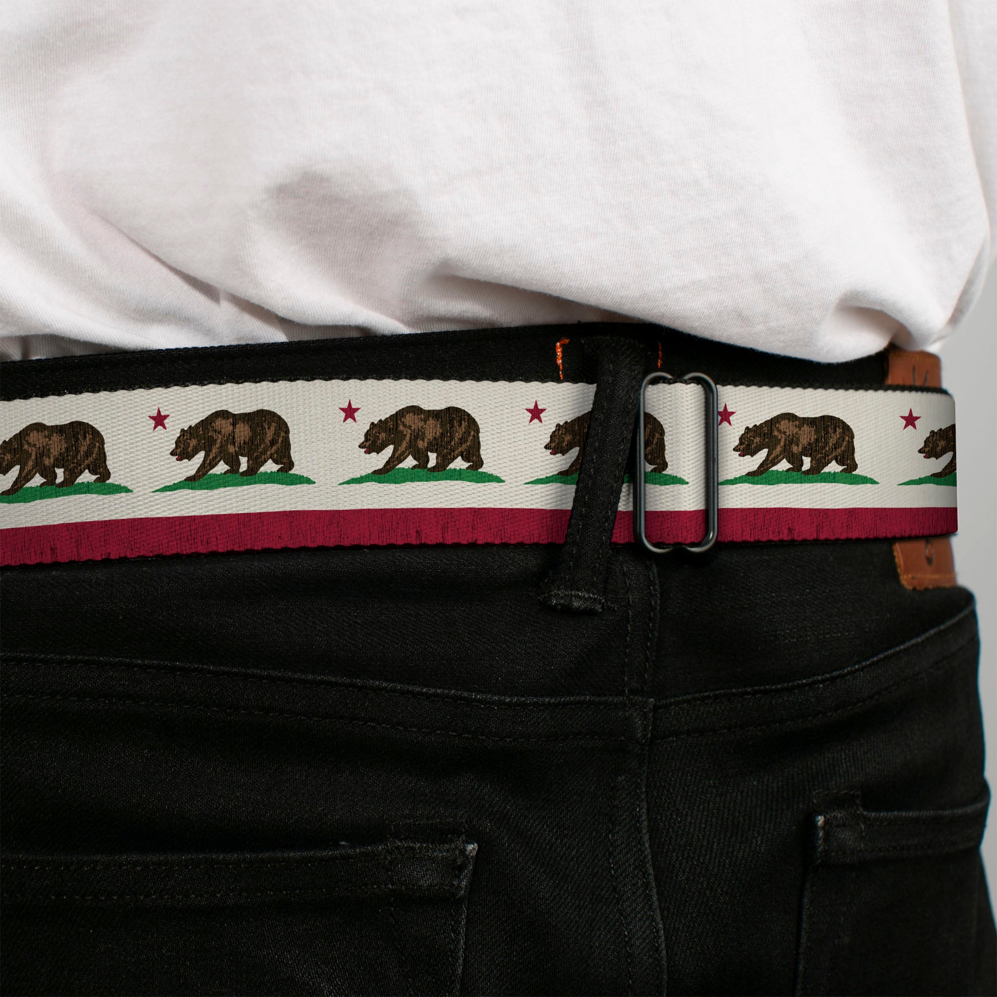 BD Wings Logo CLOSE-UP Full Color Black Silver Seatbelt Belt - California Flag Bear Weathered White Webbing Seatbelt Belts Buckle-Down