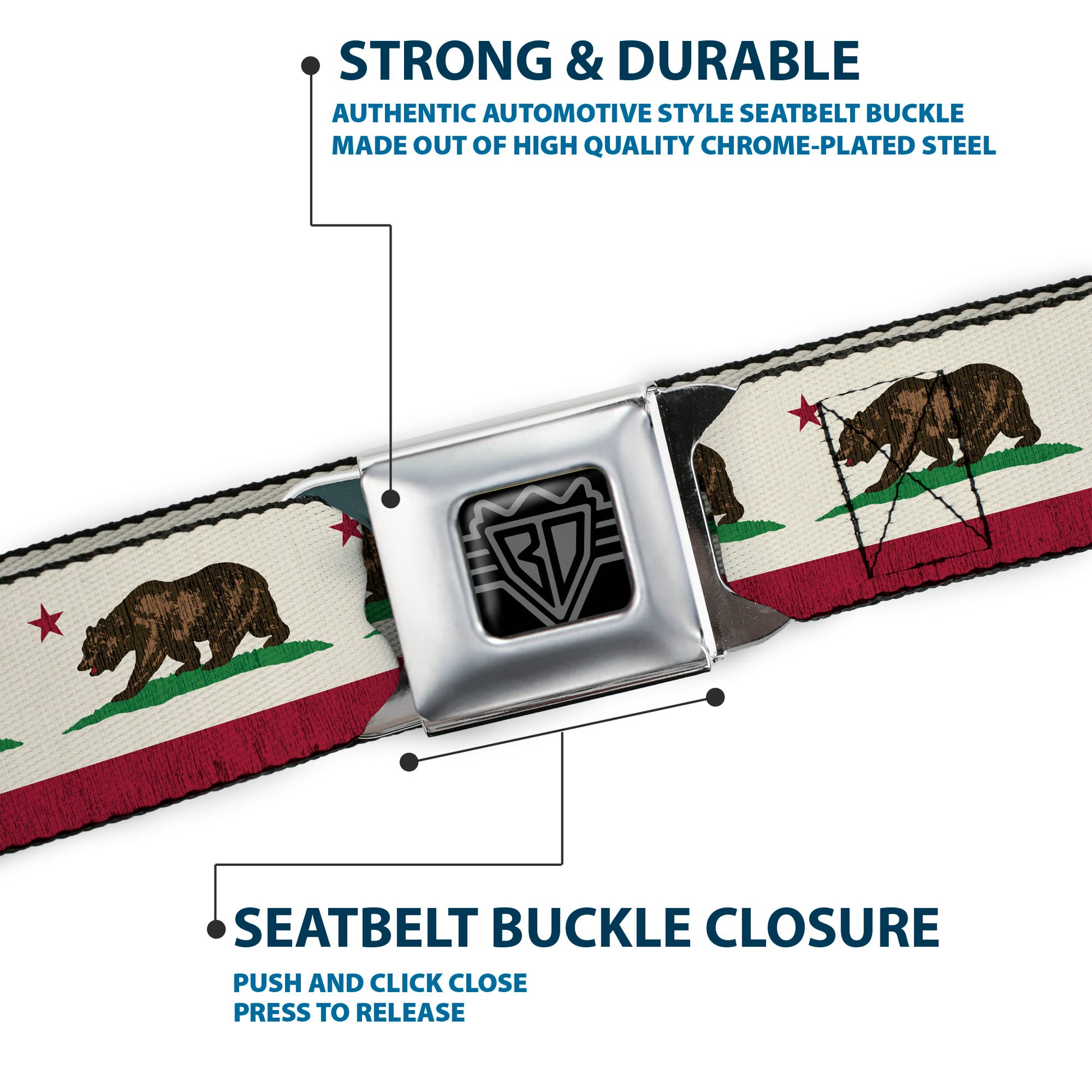 BD Wings Logo CLOSE-UP Full Color Black Silver Seatbelt Belt - California Flag Bear Weathered White Webbing Seatbelt Belts Buckle-Down
