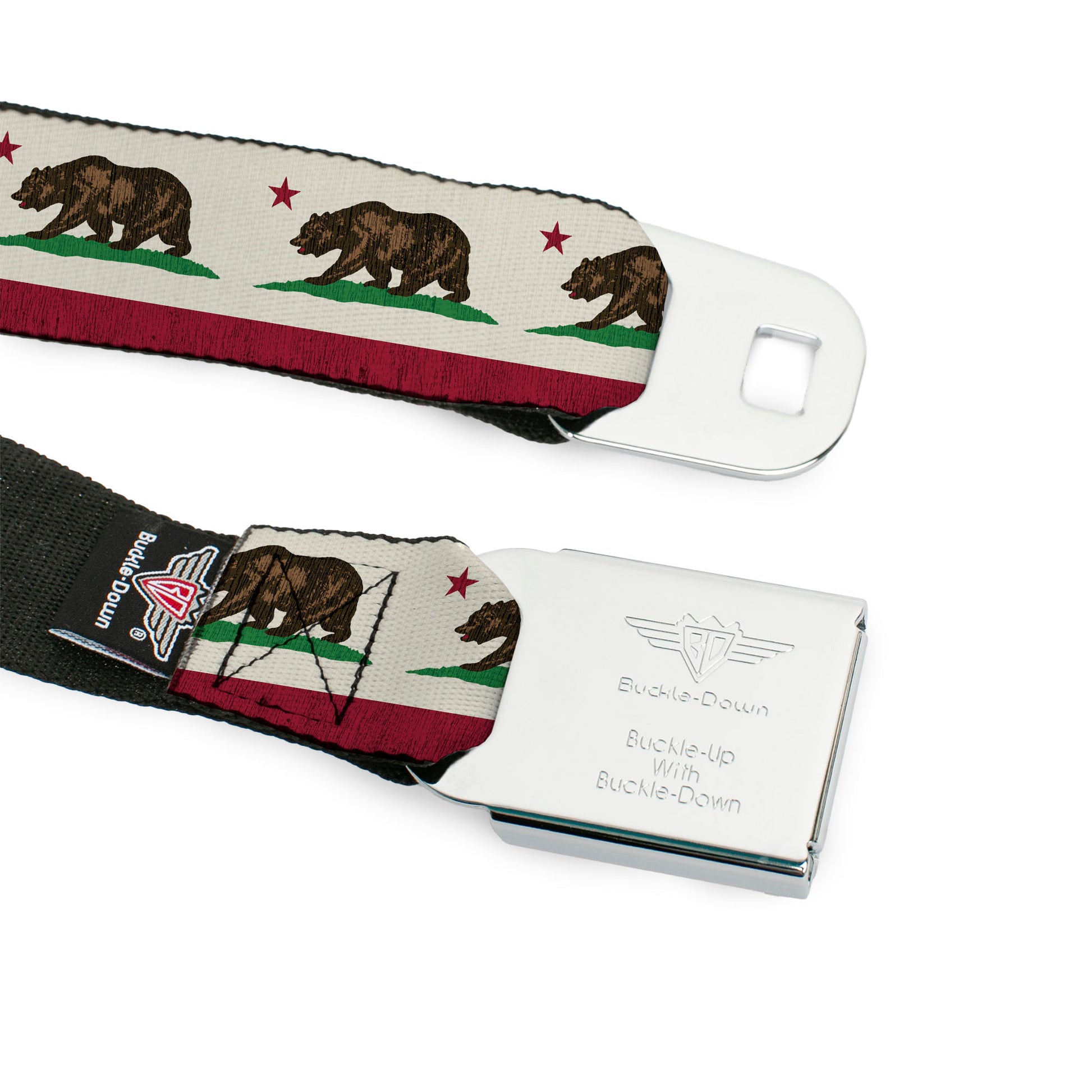 BD Wings Logo CLOSE-UP Full Color Black Silver Seatbelt Belt - California Flag Bear Weathered White Webbing Seatbelt Belts Buckle-Down