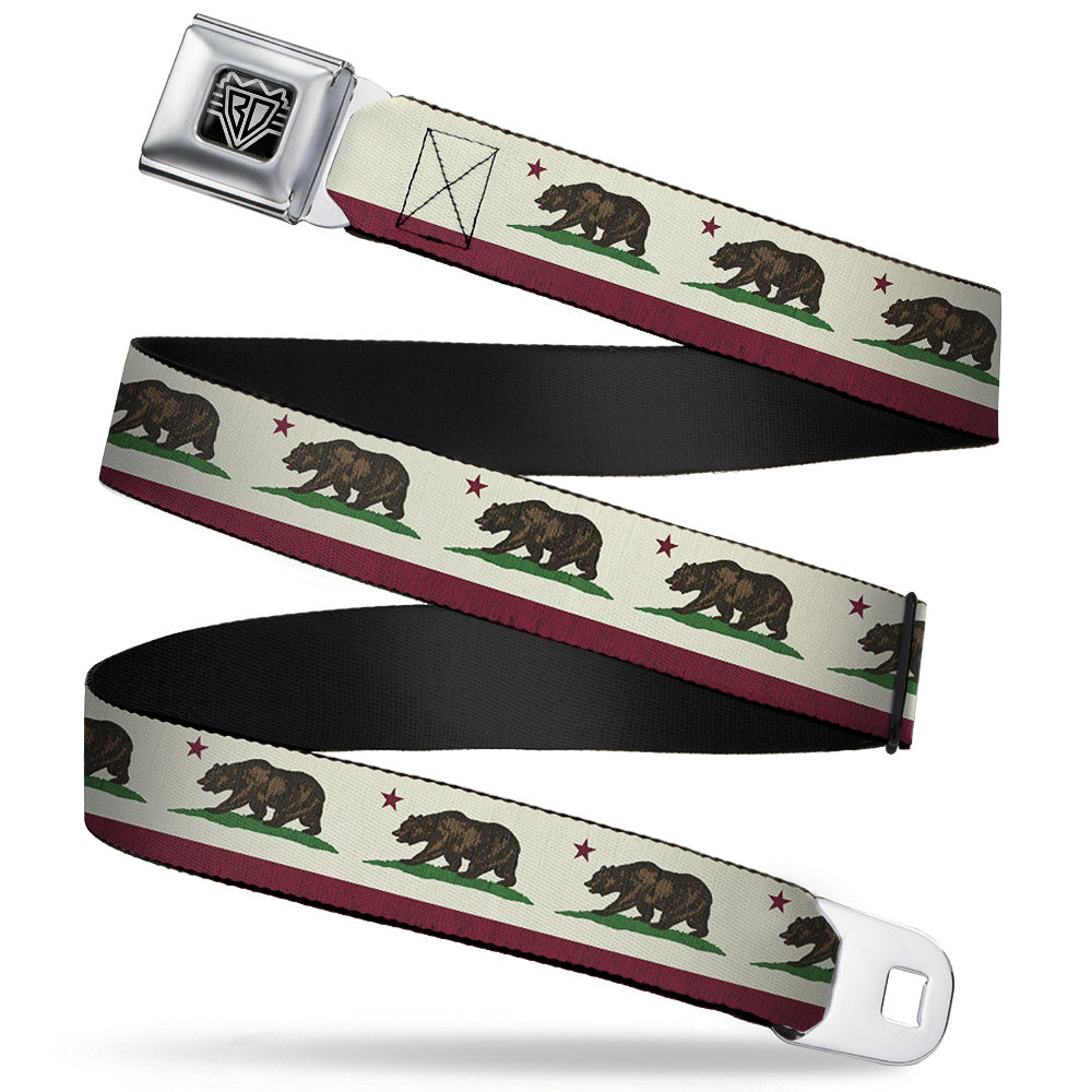 BD Wings Logo CLOSE-UP Full Color Black Silver Seatbelt Belt - California Flag Bear Weathered White Webbing Seatbelt Belts Buckle-Down