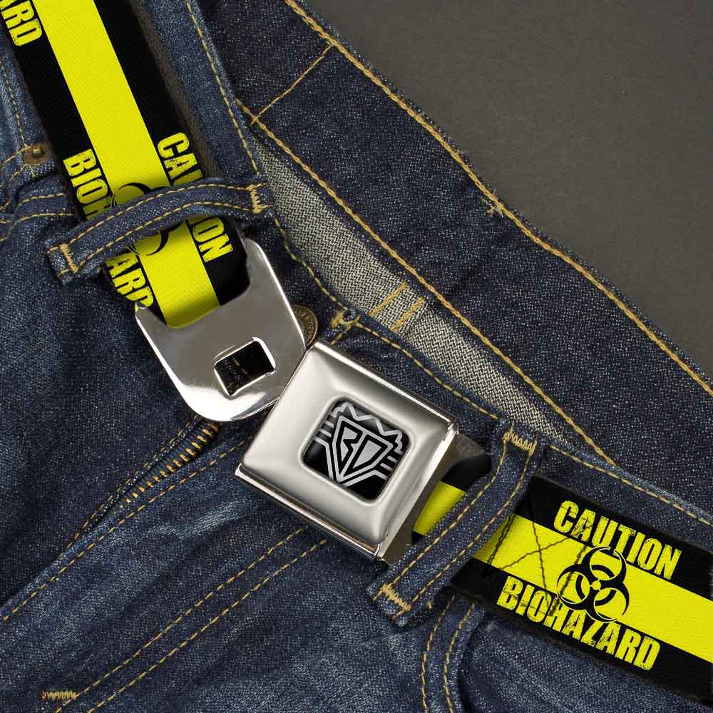 BD Wings Logo CLOSE-UP Full Color Black Silver Seatbelt Belt - CAUTION BIOHAZARD Black/Yellow Webbing Seatbelt Belts Buckle-Down