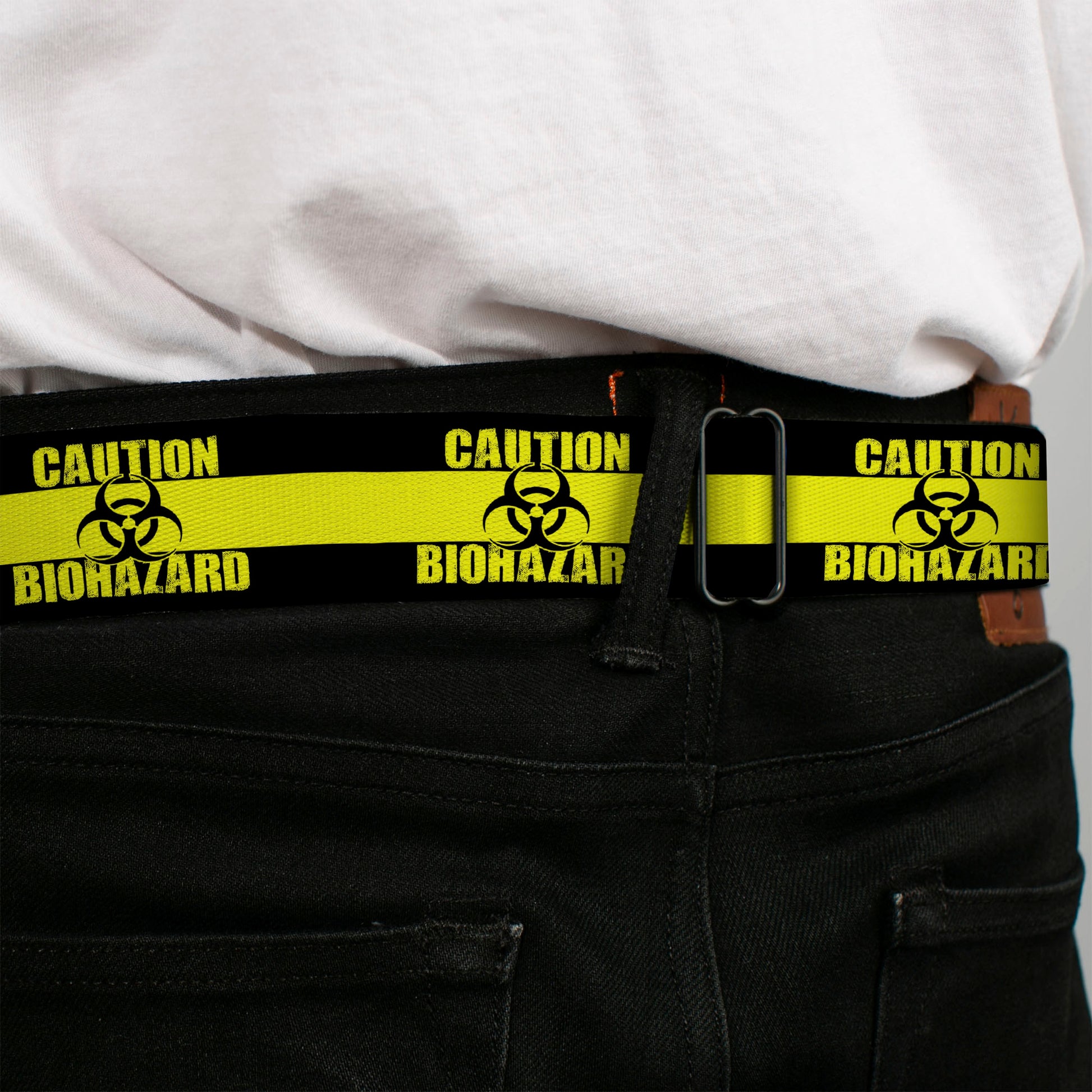 BD Wings Logo CLOSE-UP Full Color Black Silver Seatbelt Belt - CAUTION BIOHAZARD Black/Yellow Webbing Seatbelt Belts Buckle-Down