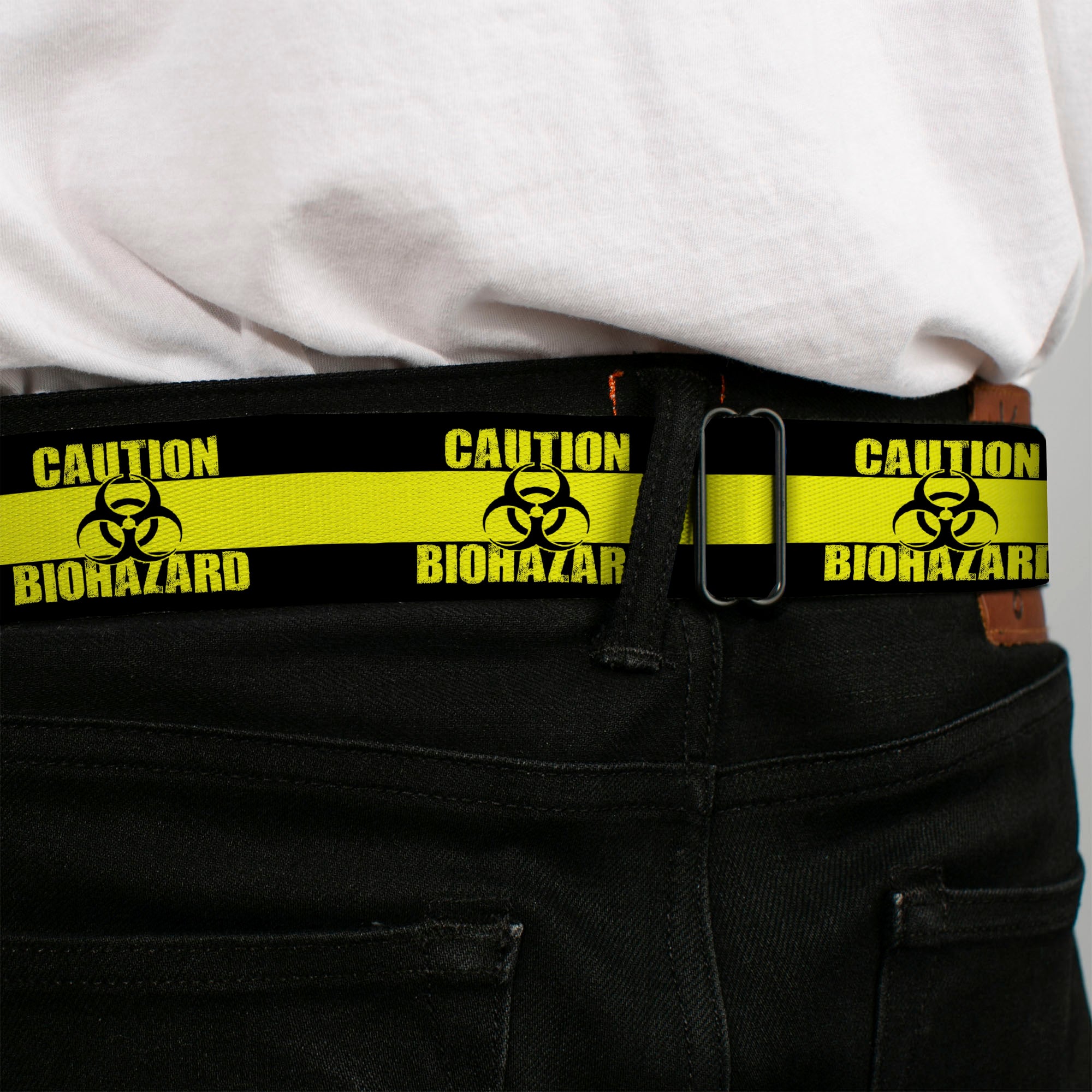 BD Wings Logo CLOSE-UP Full Color Black Silver Seatbelt Belt - CAUTION BIOHAZARD Black/Yellow Webbing Seatbelt Belts Buckle-Down