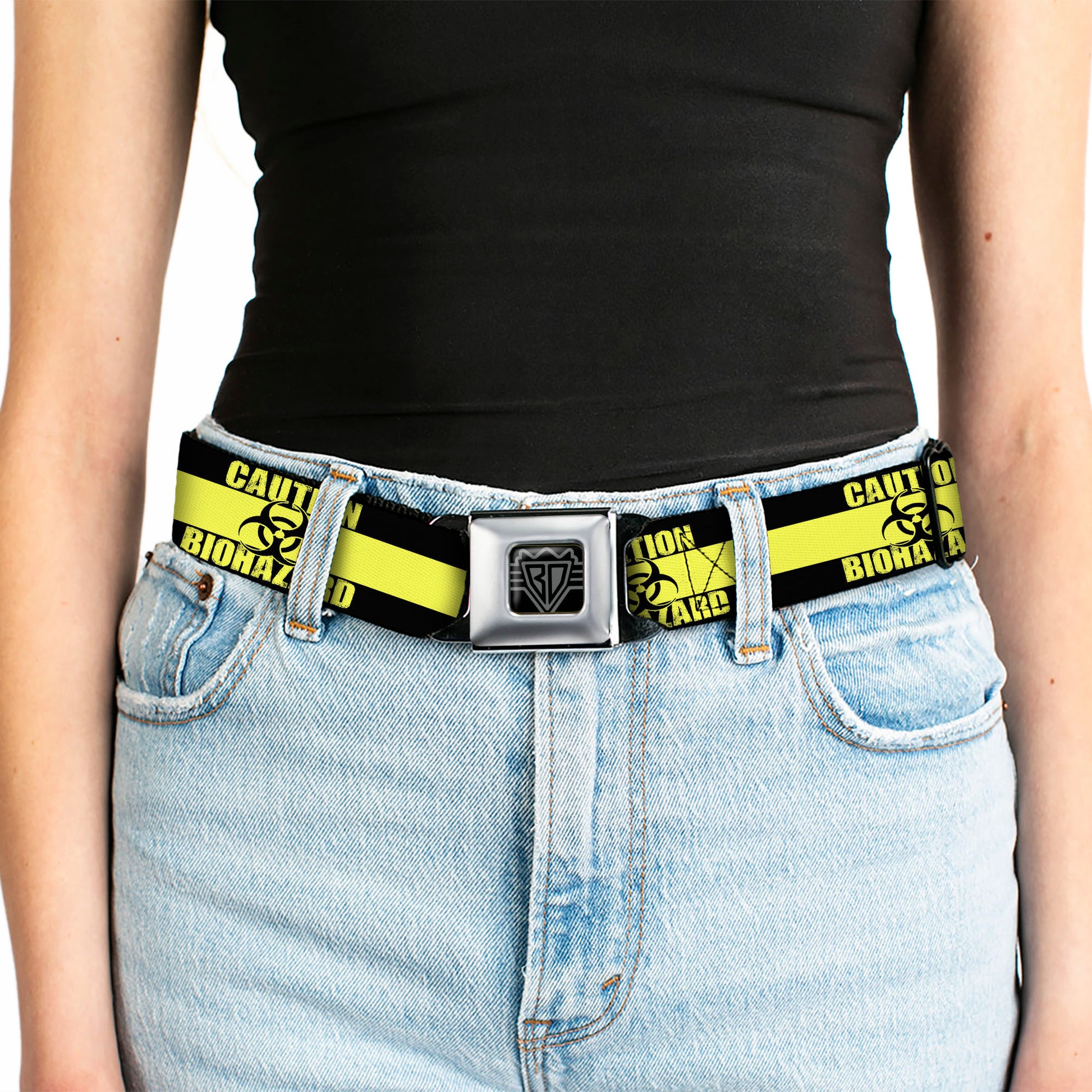 BD Wings Logo CLOSE-UP Full Color Black Silver Seatbelt Belt - CAUTION BIOHAZARD Black/Yellow Webbing Seatbelt Belts Buckle-Down