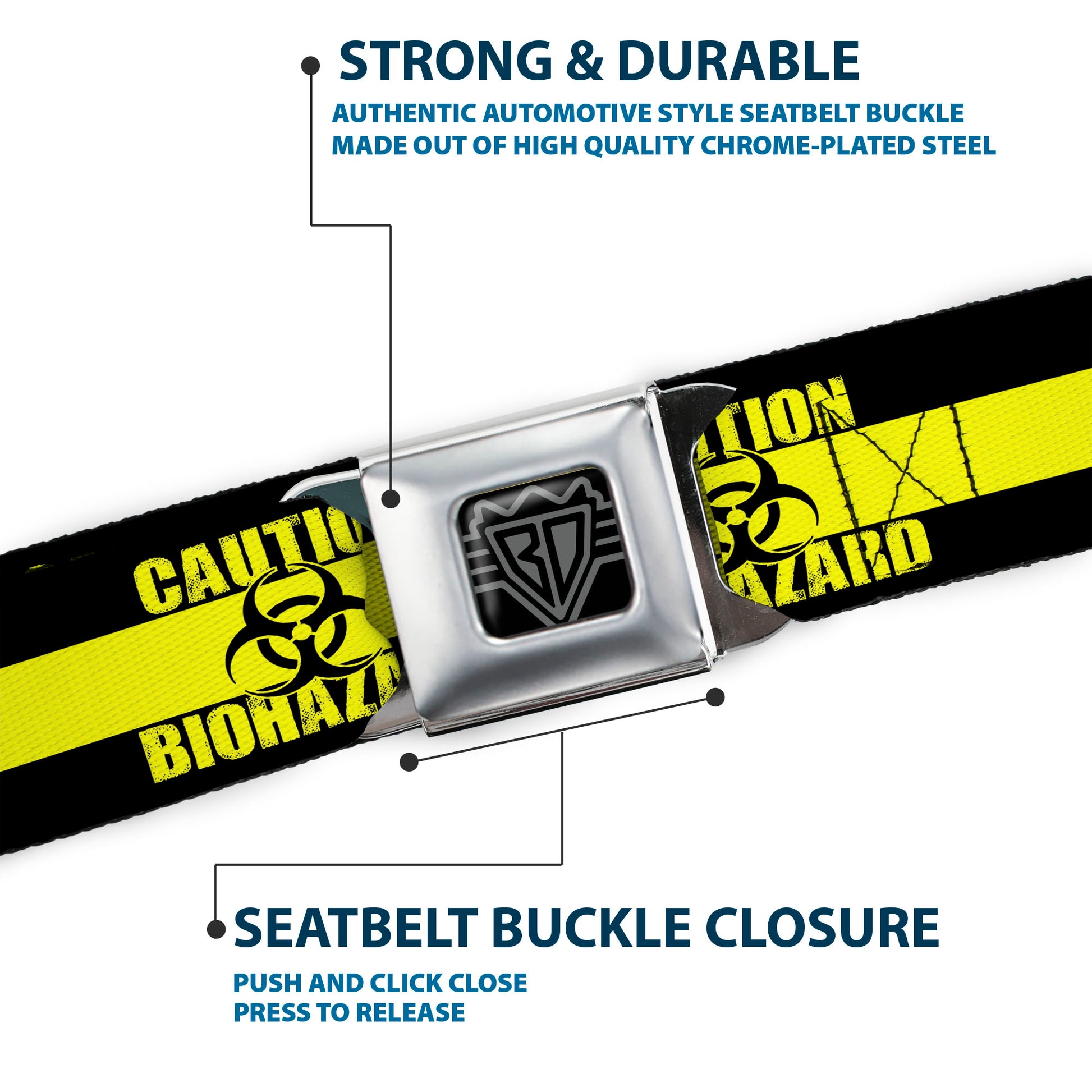 BD Wings Logo CLOSE-UP Full Color Black Silver Seatbelt Belt - CAUTION BIOHAZARD Black/Yellow Webbing Seatbelt Belts Buckle-Down