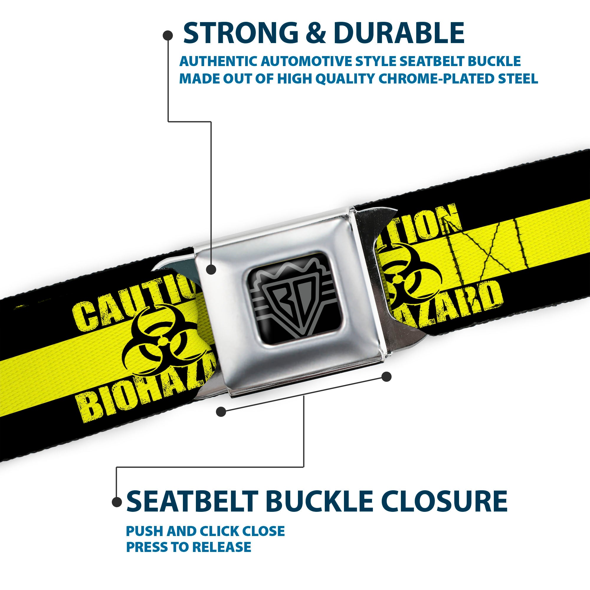 BD Wings Logo CLOSE-UP Full Color Black Silver Seatbelt Belt - CAUTION BIOHAZARD Black/Yellow Webbing Seatbelt Belts Buckle-Down