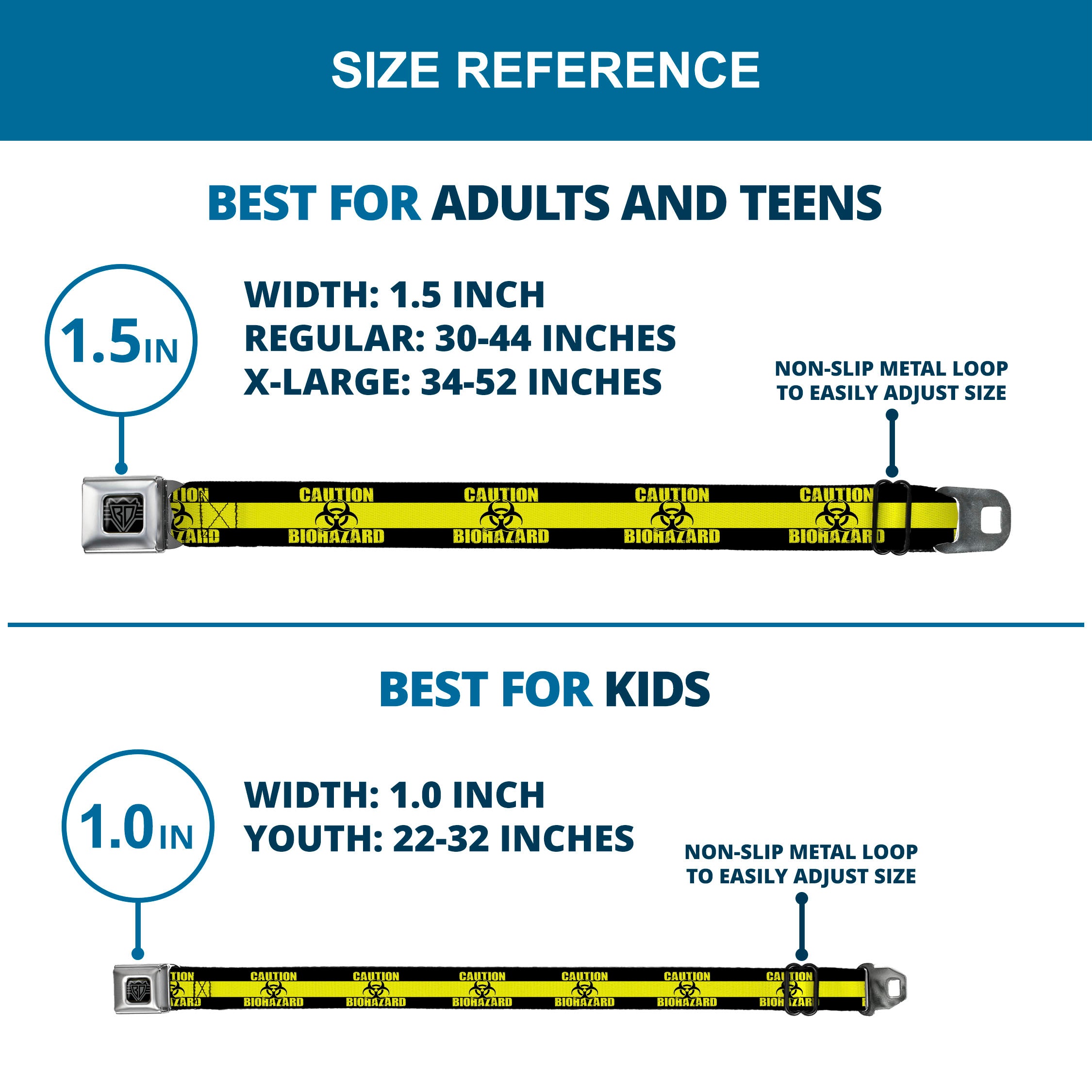 BD Wings Logo CLOSE-UP Full Color Black Silver Seatbelt Belt - CAUTION BIOHAZARD Black/Yellow Webbing Seatbelt Belts Buckle-Down