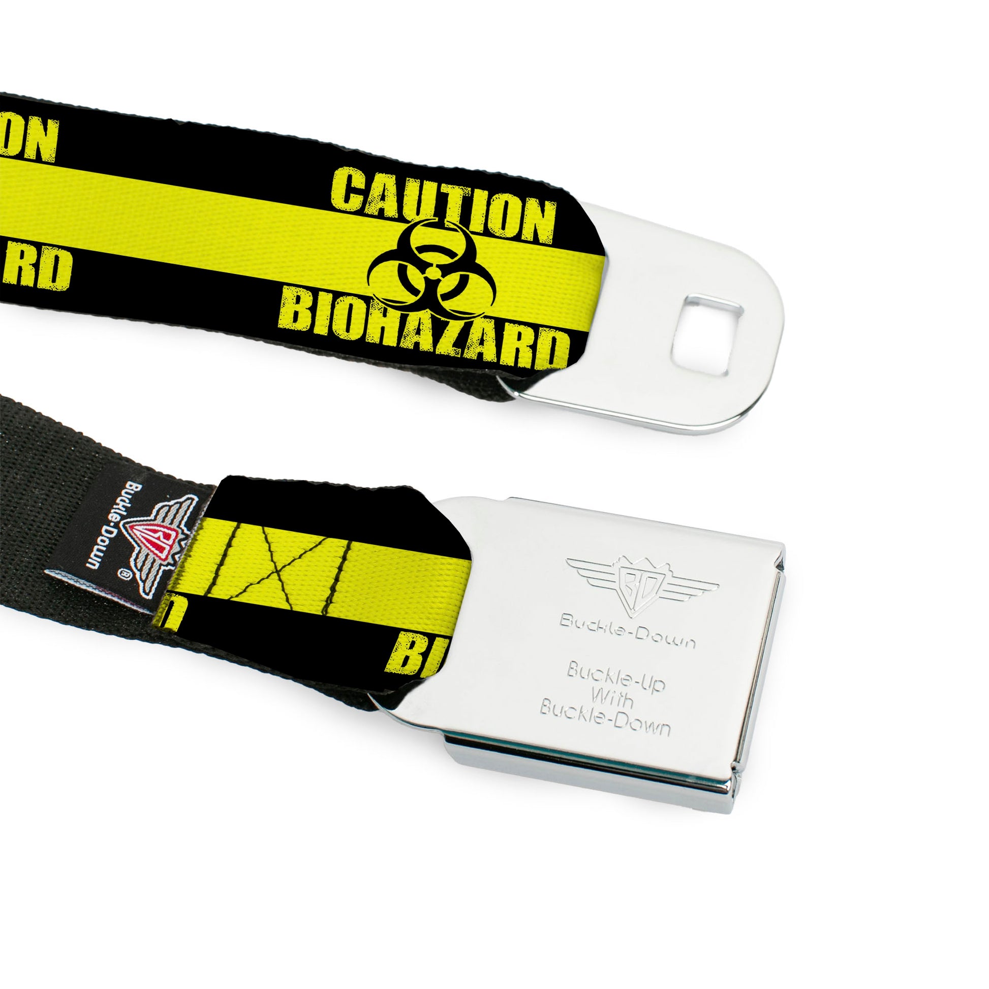 BD Wings Logo CLOSE-UP Full Color Black Silver Seatbelt Belt - CAUTION BIOHAZARD Black/Yellow Webbing Seatbelt Belts Buckle-Down
