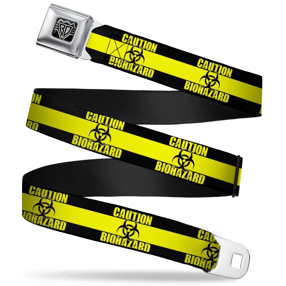 BD Wings Logo CLOSE-UP Full Color Black Silver Seatbelt Belt - CAUTION BIOHAZARD Black/Yellow Webbing Seatbelt Belts Buckle-Down