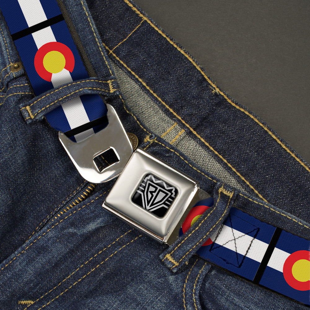 BD Wings Logo CLOSE-UP Full Color Black Silver Seatbelt Belt - Colorado Flags Webbing Seatbelt Belts Buckle-Down