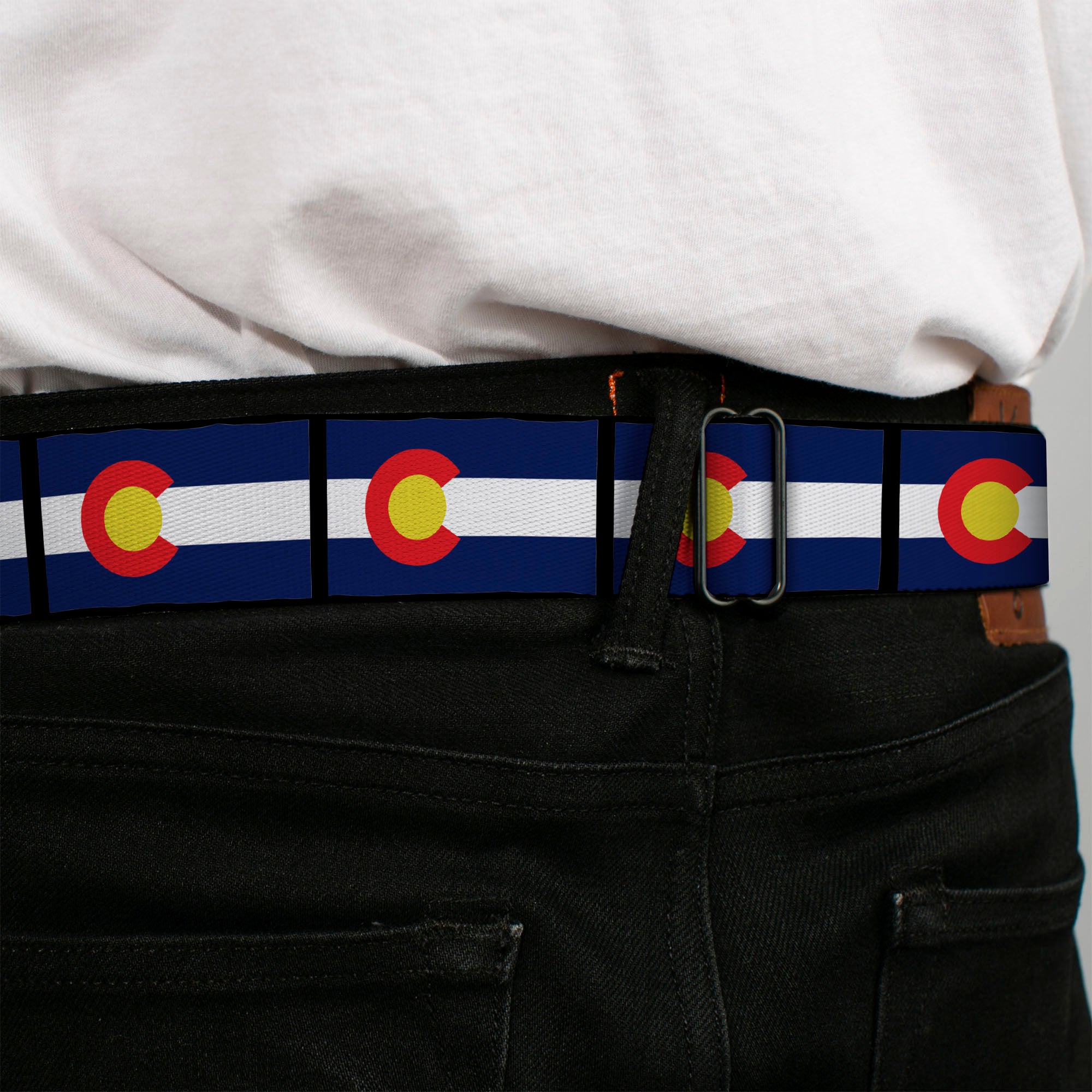BD Wings Logo CLOSE-UP Full Color Black Silver Seatbelt Belt - Colorado Flags Webbing Seatbelt Belts Buckle-Down