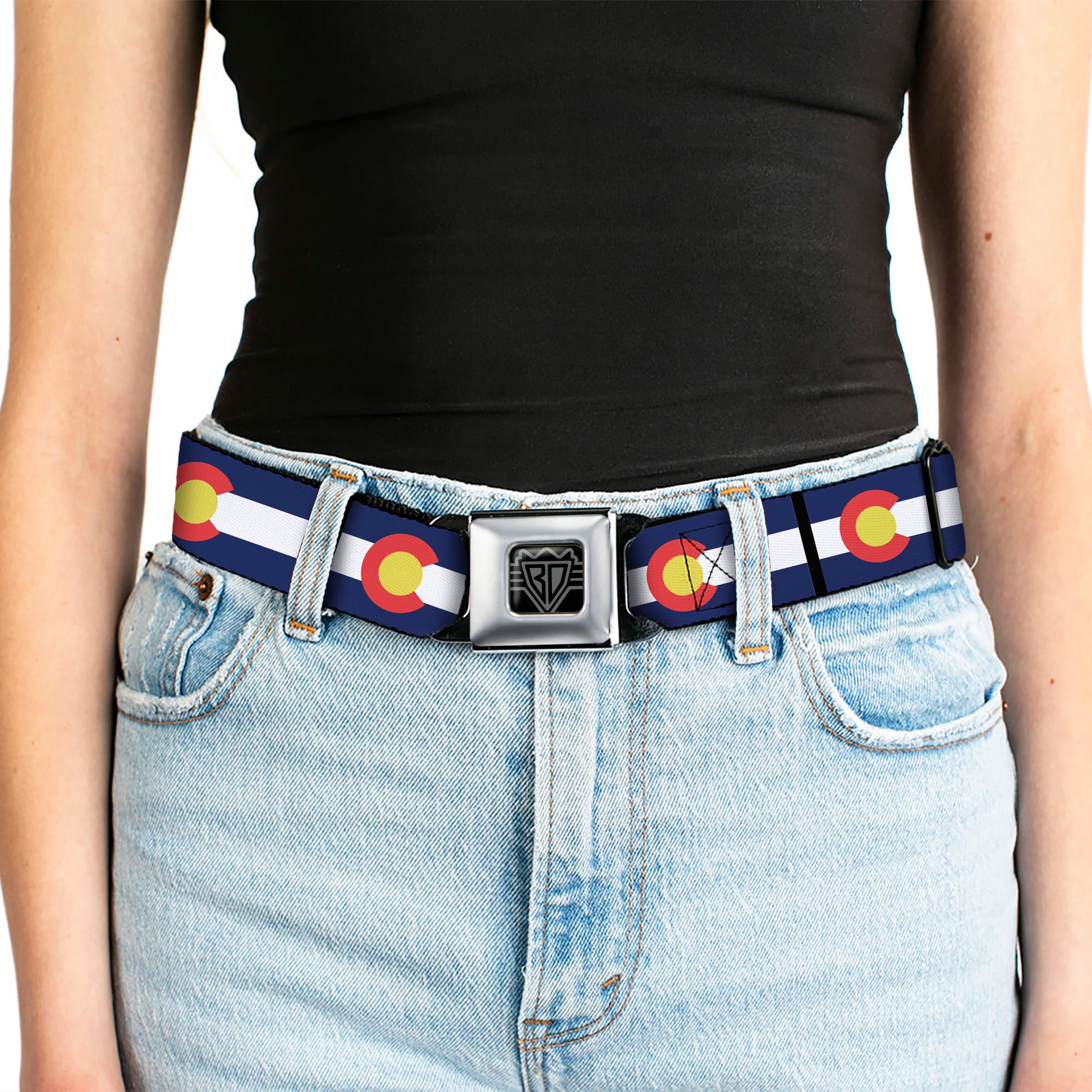 BD Wings Logo CLOSE-UP Full Color Black Silver Seatbelt Belt - Colorado Flags Webbing Seatbelt Belts Buckle-Down