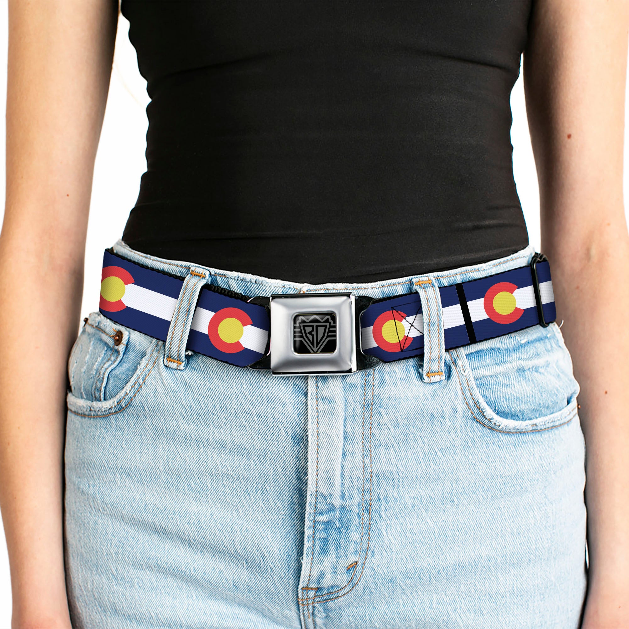 BD Wings Logo CLOSE-UP Full Color Black Silver Seatbelt Belt - Colorado Flags Webbing Seatbelt Belts Buckle-Down