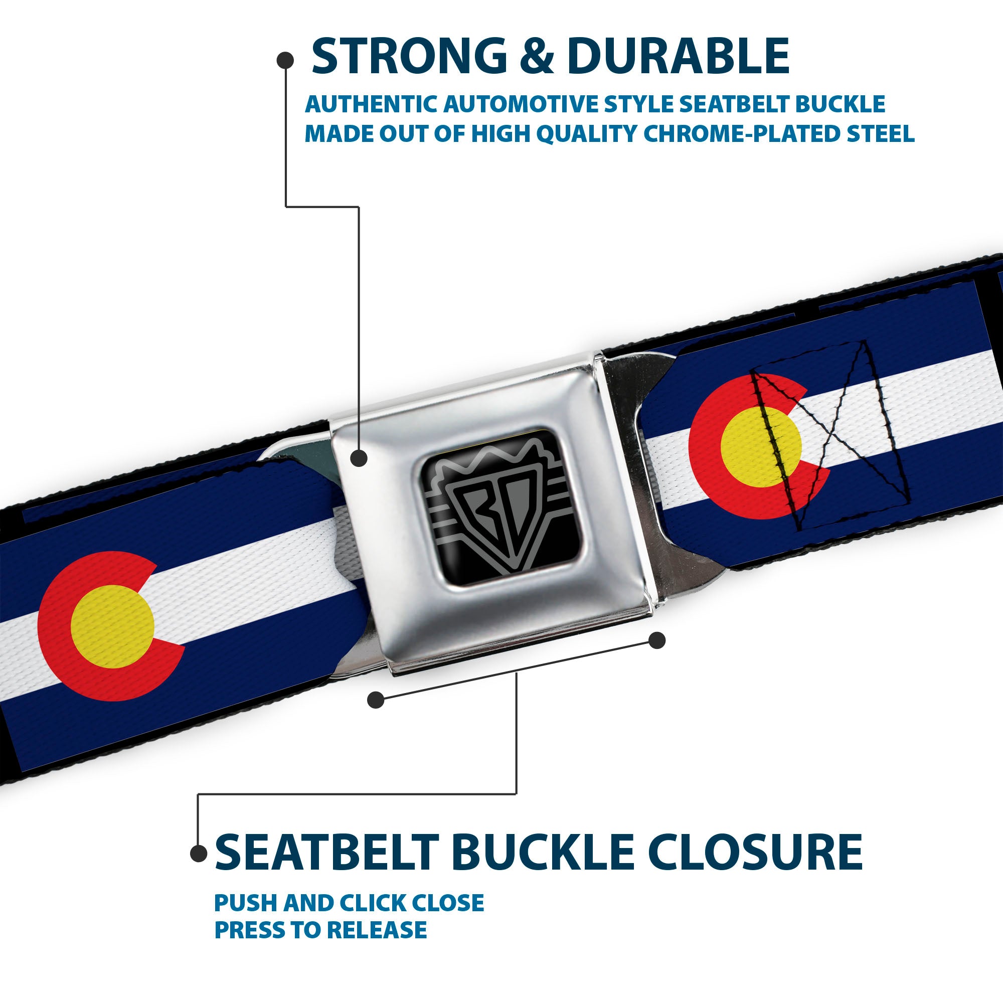 BD Wings Logo CLOSE-UP Full Color Black Silver Seatbelt Belt - Colorado Flags Webbing Seatbelt Belts Buckle-Down