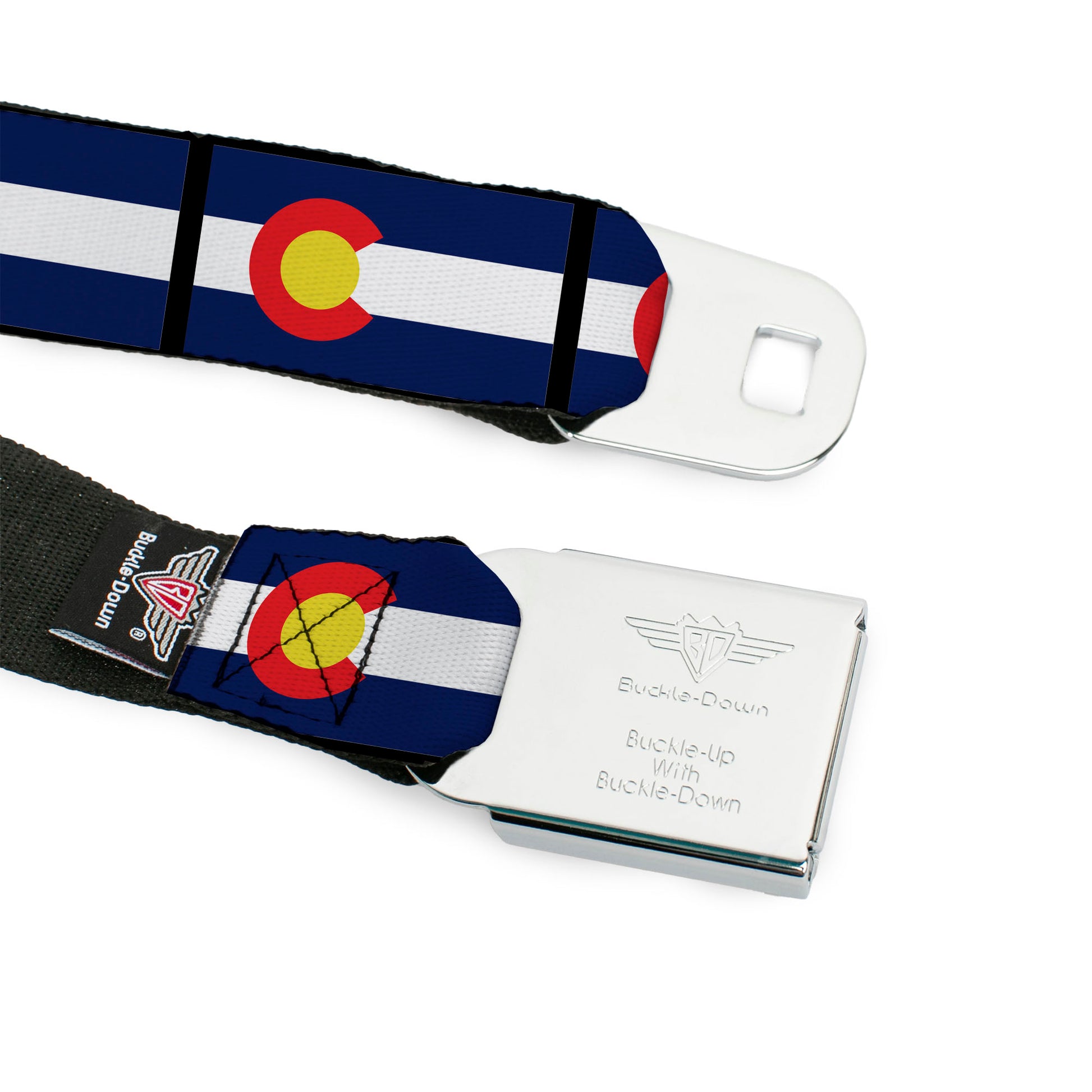 BD Wings Logo CLOSE-UP Full Color Black Silver Seatbelt Belt - Colorado Flags Webbing Seatbelt Belts Buckle-Down