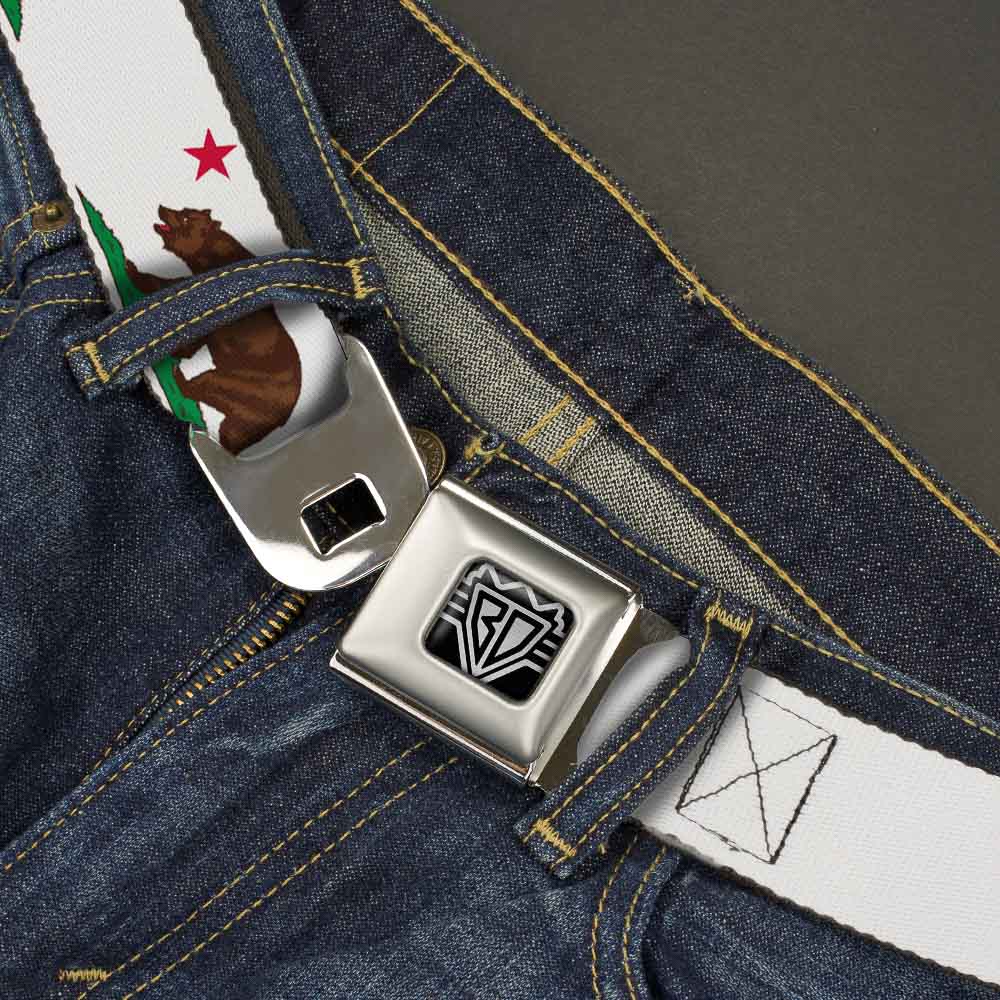 BD Wings Logo CLOSE-UP Full Color Black Silver Seatbelt Belt - Cali Bear White Webbing Seatbelt Belts Buckle-Down