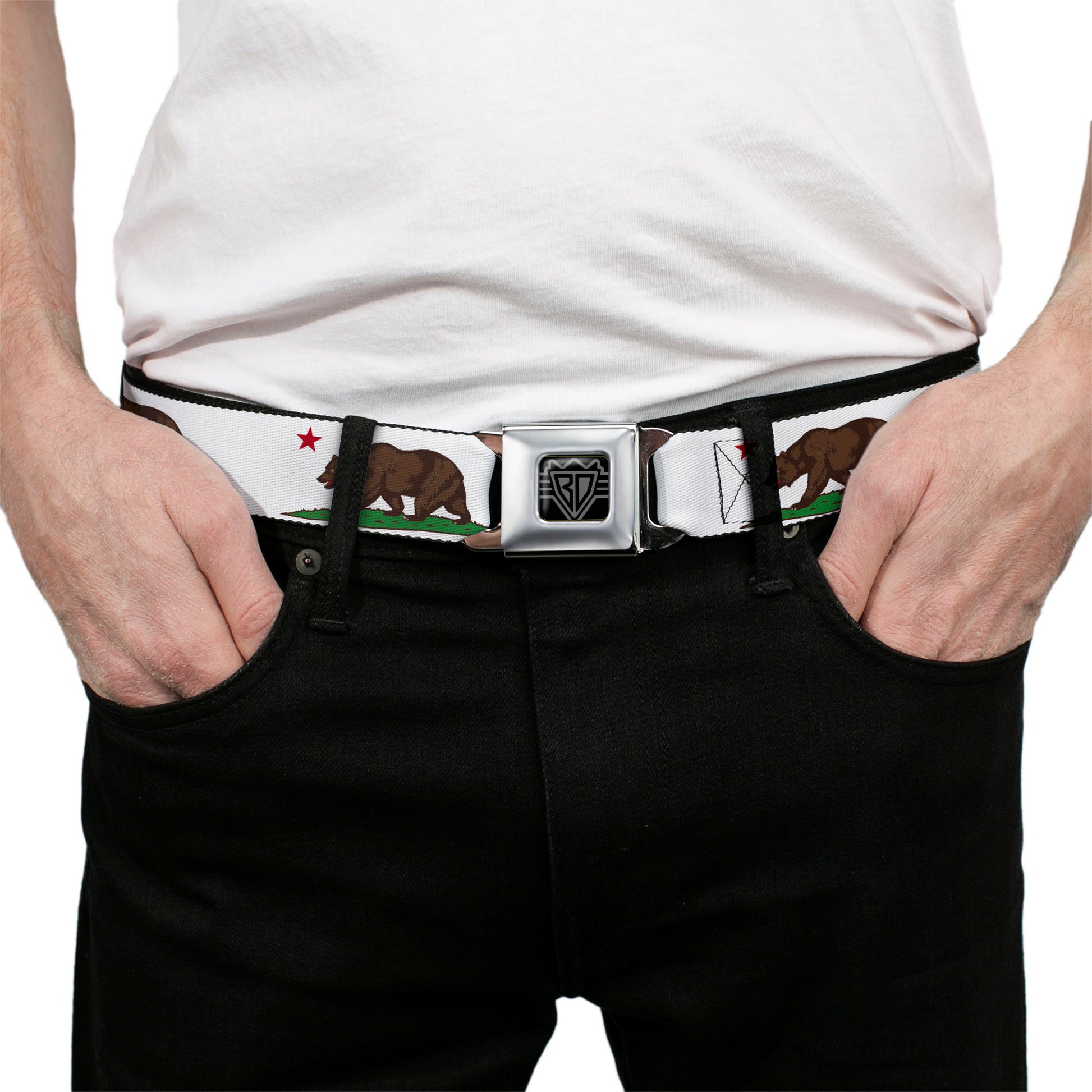 BD Wings Logo CLOSE-UP Full Color Black Silver Seatbelt Belt - Cali Bear White Webbing Seatbelt Belts Buckle-Down