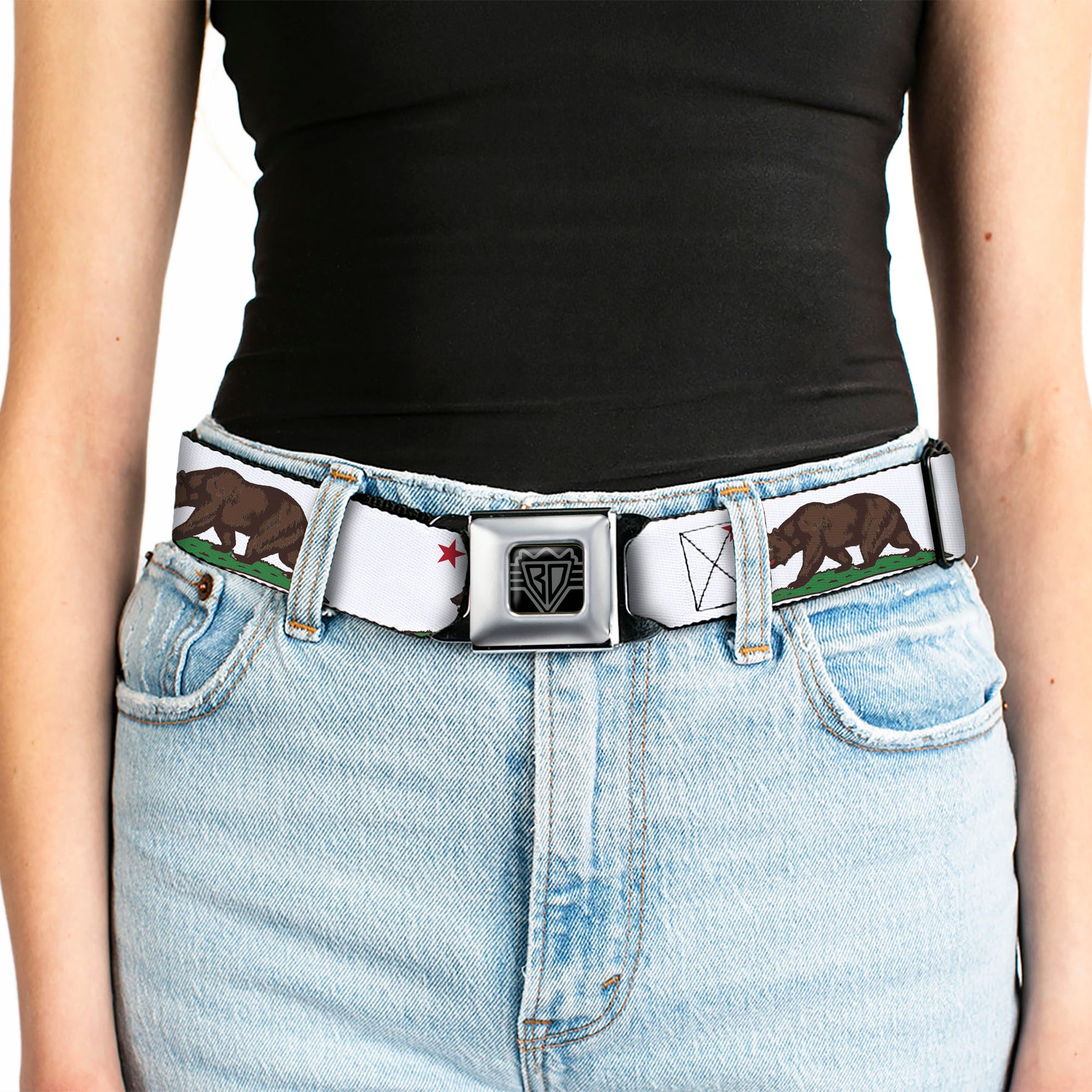 BD Wings Logo CLOSE-UP Full Color Black Silver Seatbelt Belt - Cali Bear White Webbing Seatbelt Belts Buckle-Down