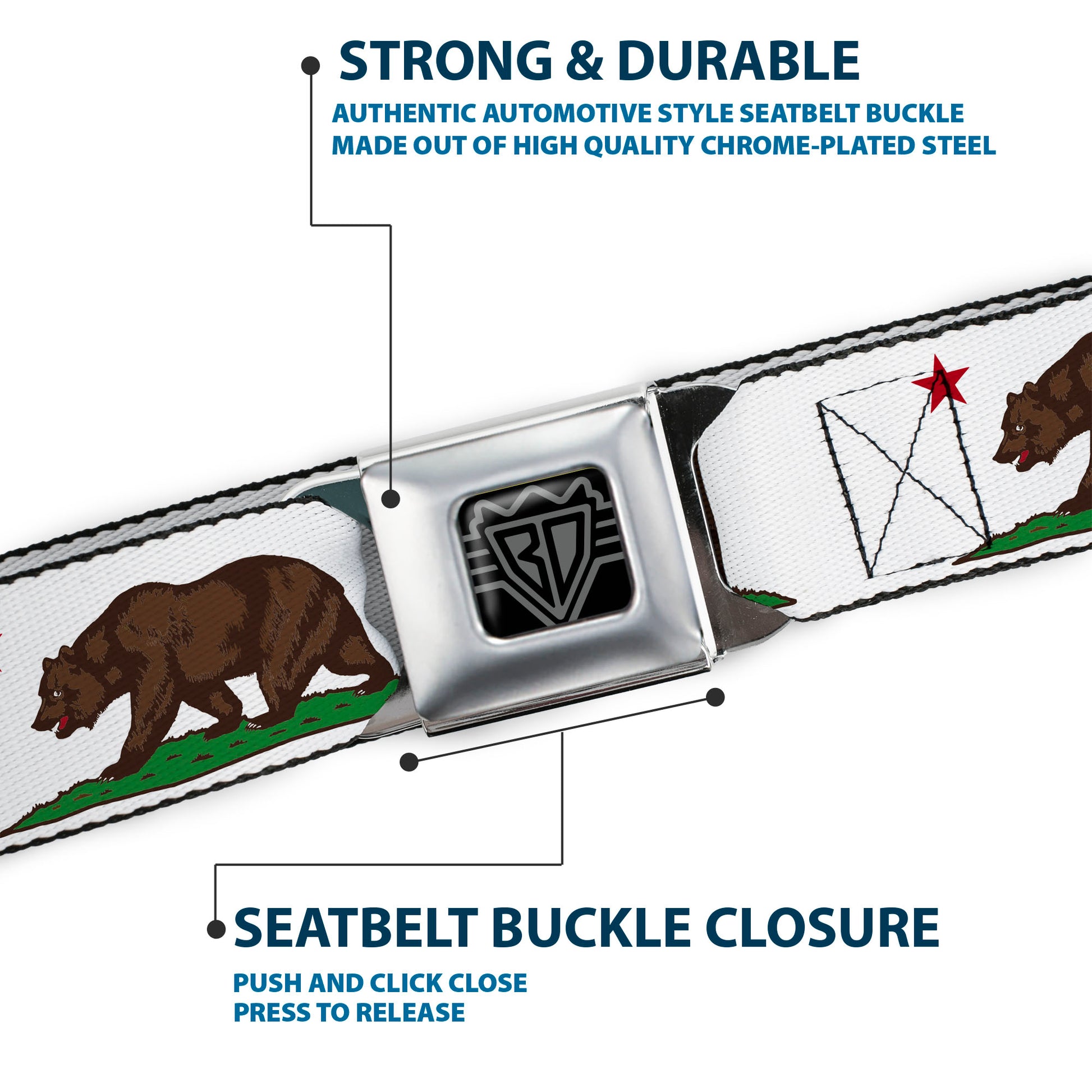 BD Wings Logo CLOSE-UP Full Color Black Silver Seatbelt Belt - Cali Bear White Webbing Seatbelt Belts Buckle-Down
