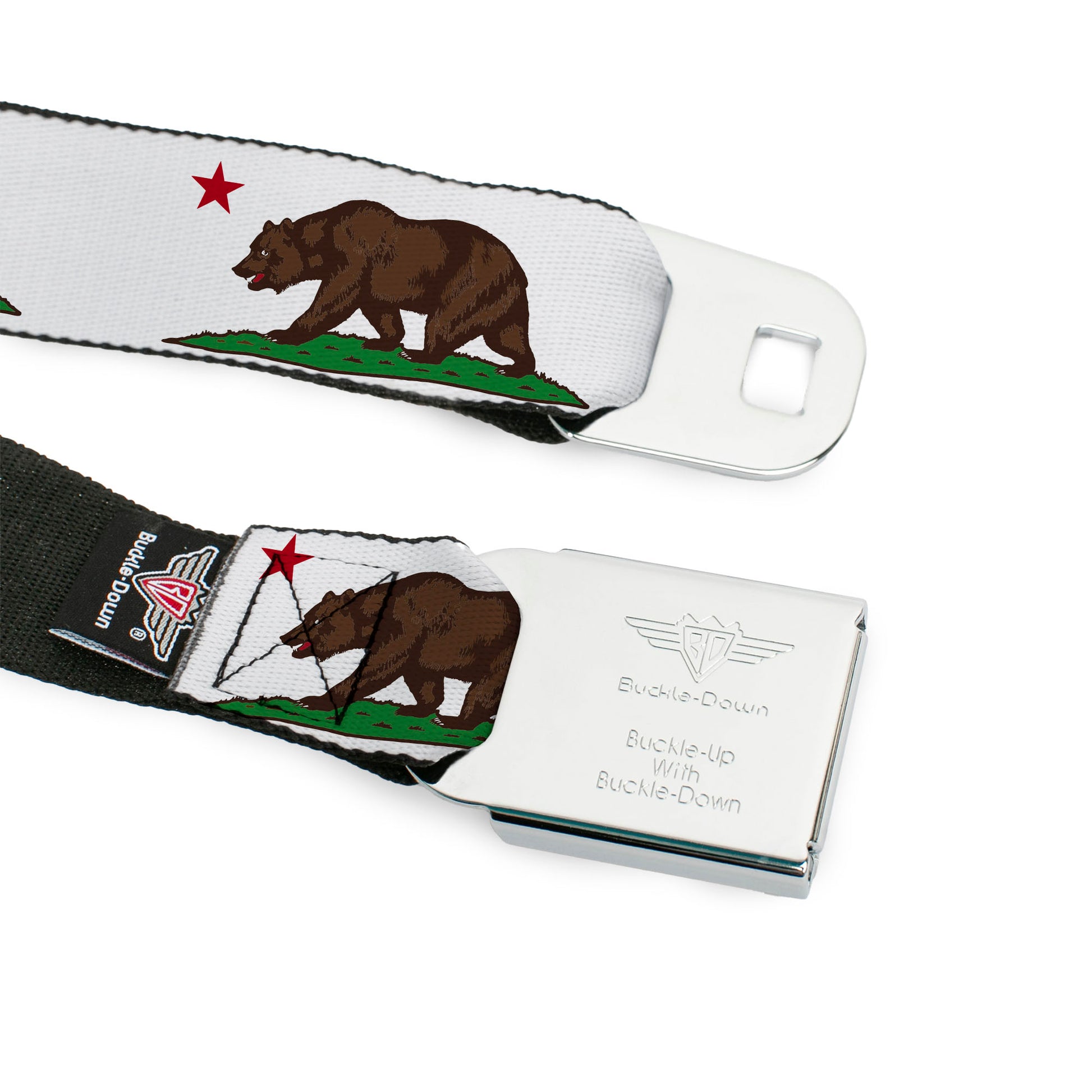 BD Wings Logo CLOSE-UP Full Color Black Silver Seatbelt Belt - Cali Bear White Webbing Seatbelt Belts Buckle-Down